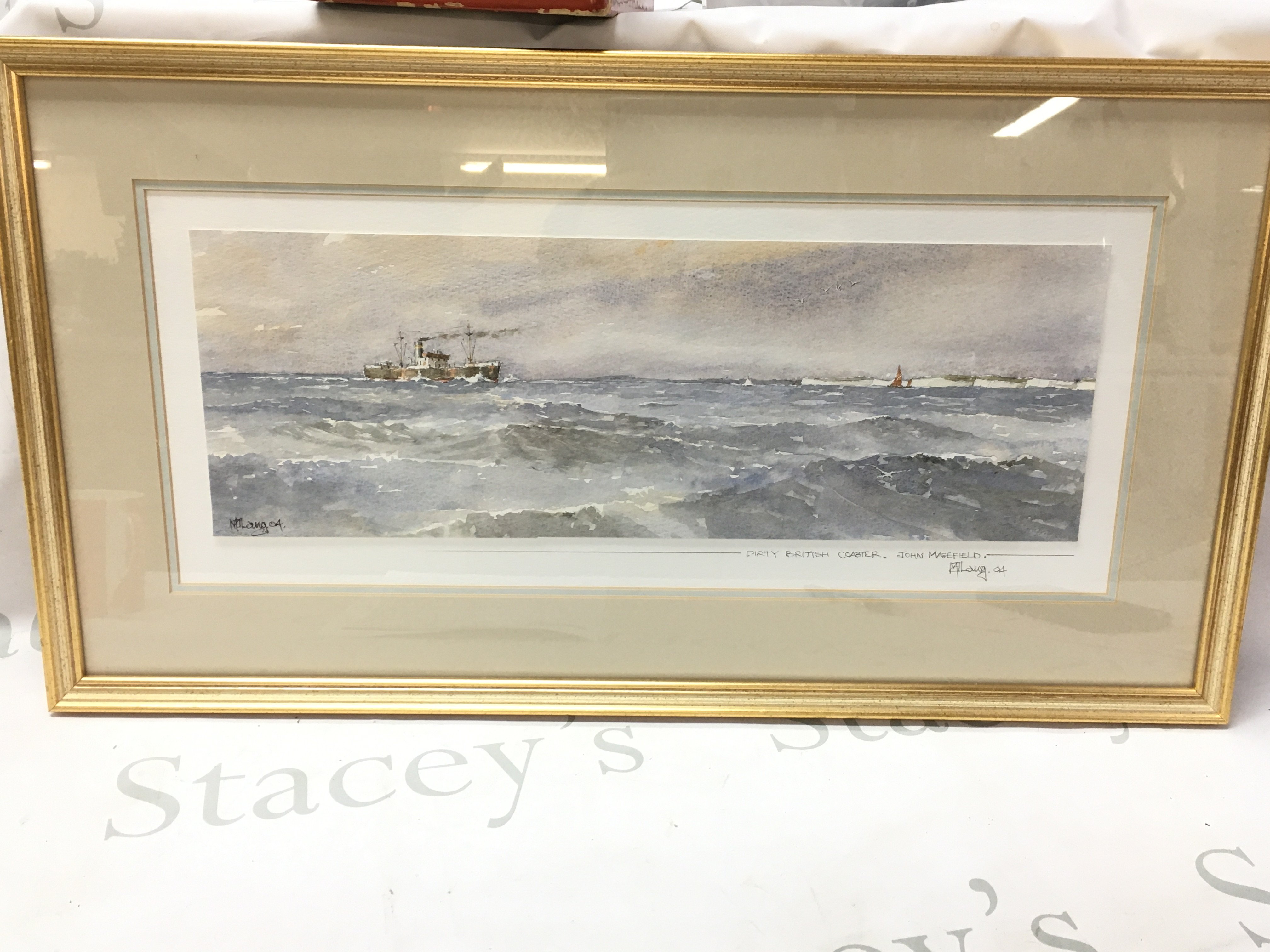 A Framed watercolour signed M Lang 04 titled Dirty British Coaster John Magefield . Dimensions 67x36cm