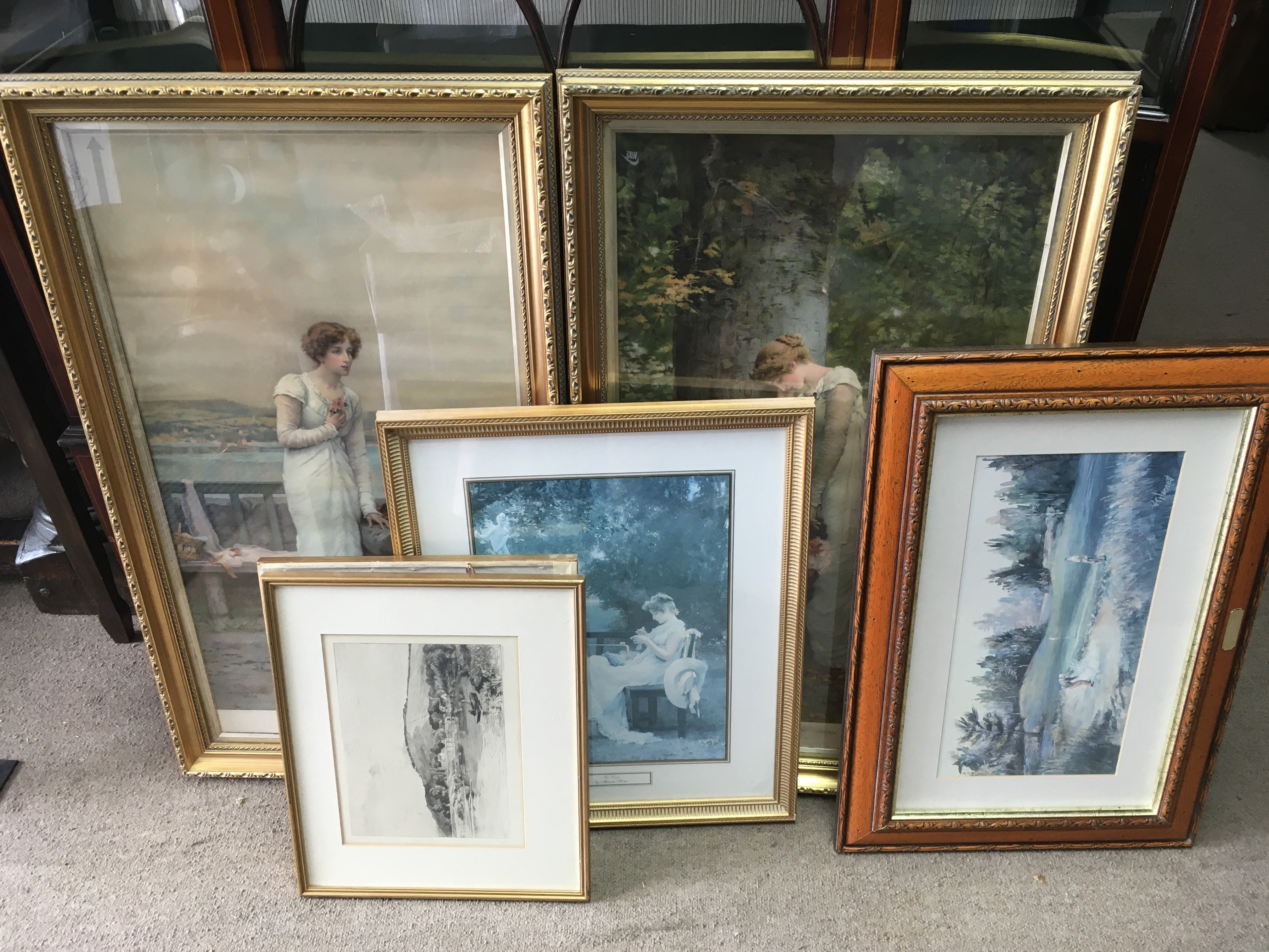 a collection of framed pictures including Marcus stone sketches . This lot cannot be posted