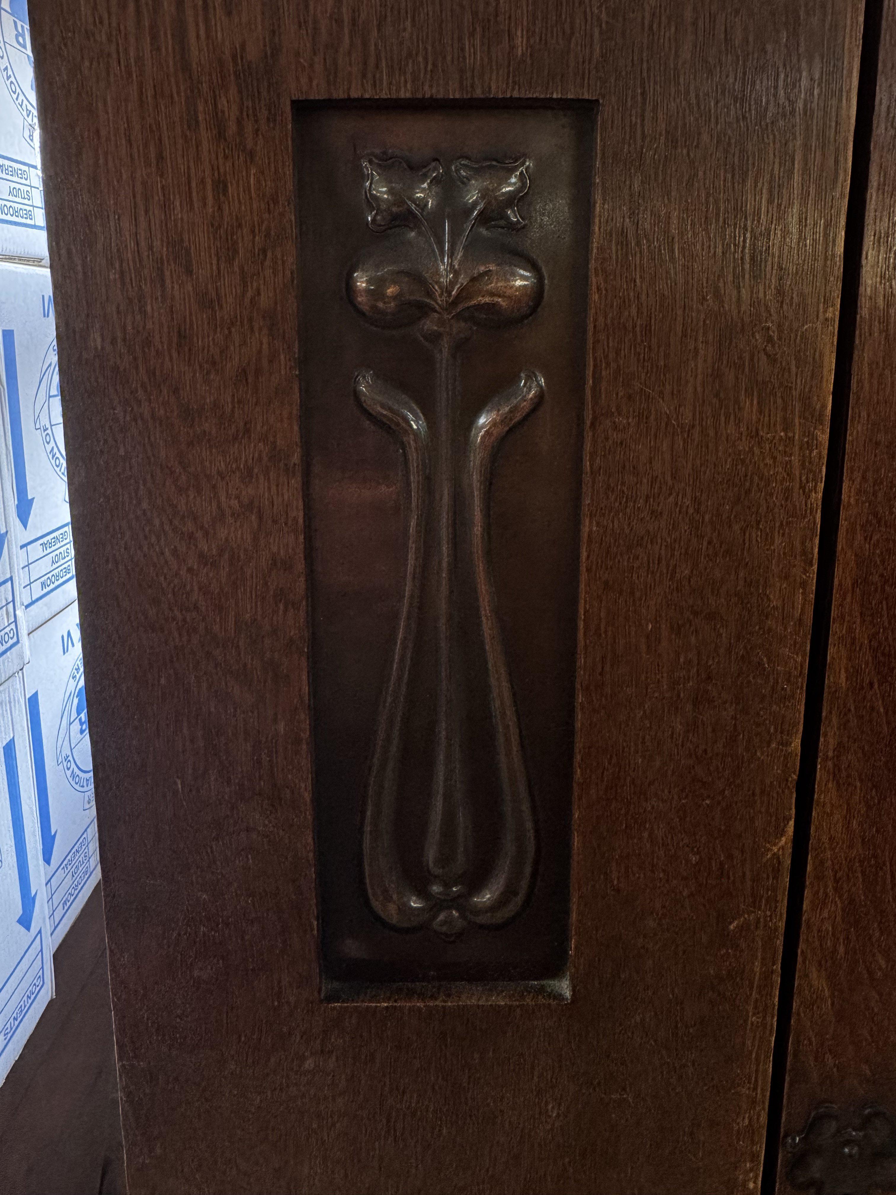 Arts & Crafts Oak Hall Robe and dating from around 1890 Inset with 3 copper panels. 194cm x 120cm x 52cm.