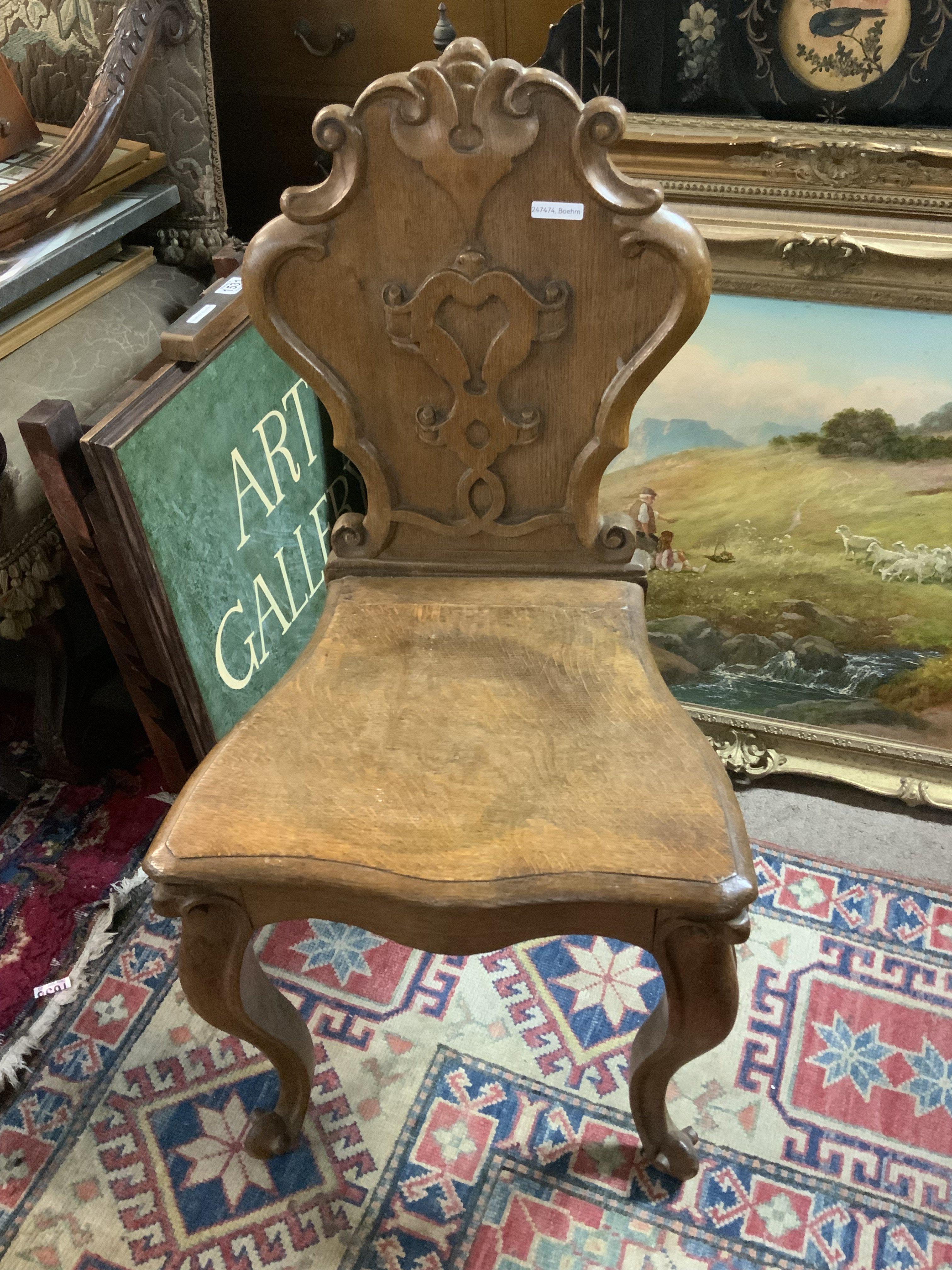 A small Victorian oak hall chair together with a small folding table. (D)- NO RESERVE