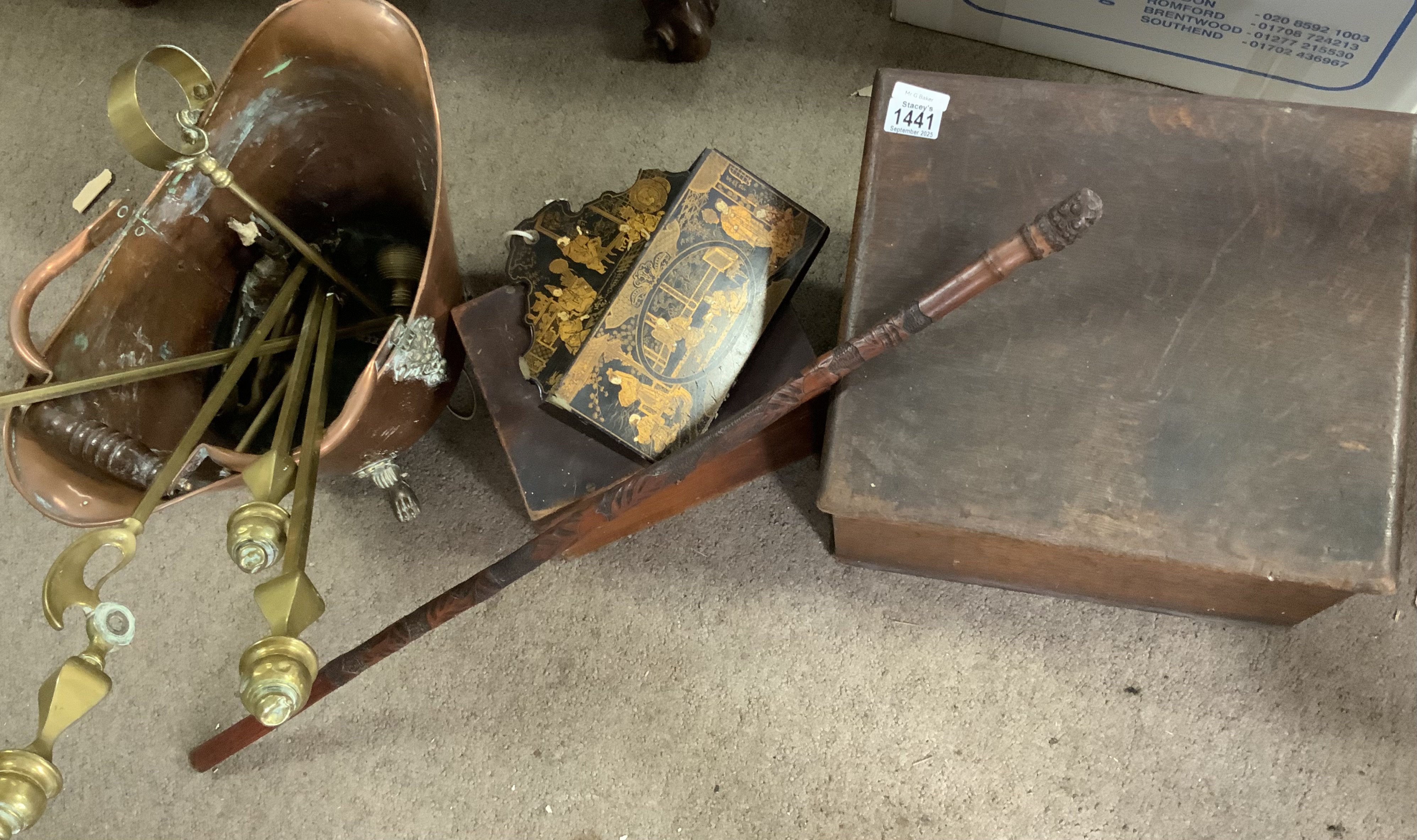 Mixed lot. Copper and brass coal bucket, Brass fire irons, Victorian papier mache wall pocket, 2 small wooden storage boxes, oriental; carved bamboo walking cane.
