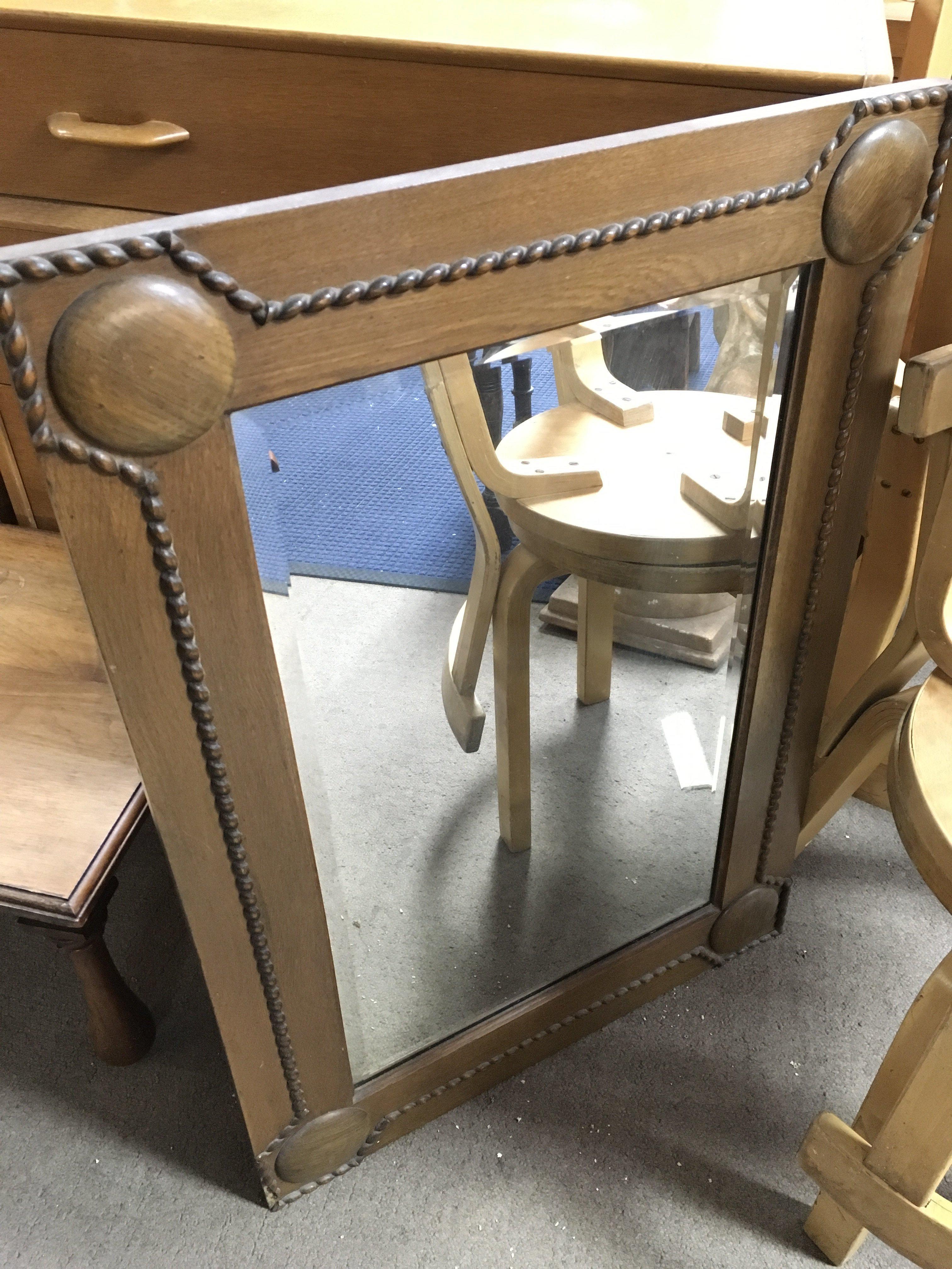 An oak mirror and small mahogany reproduction bureau 60x85cm