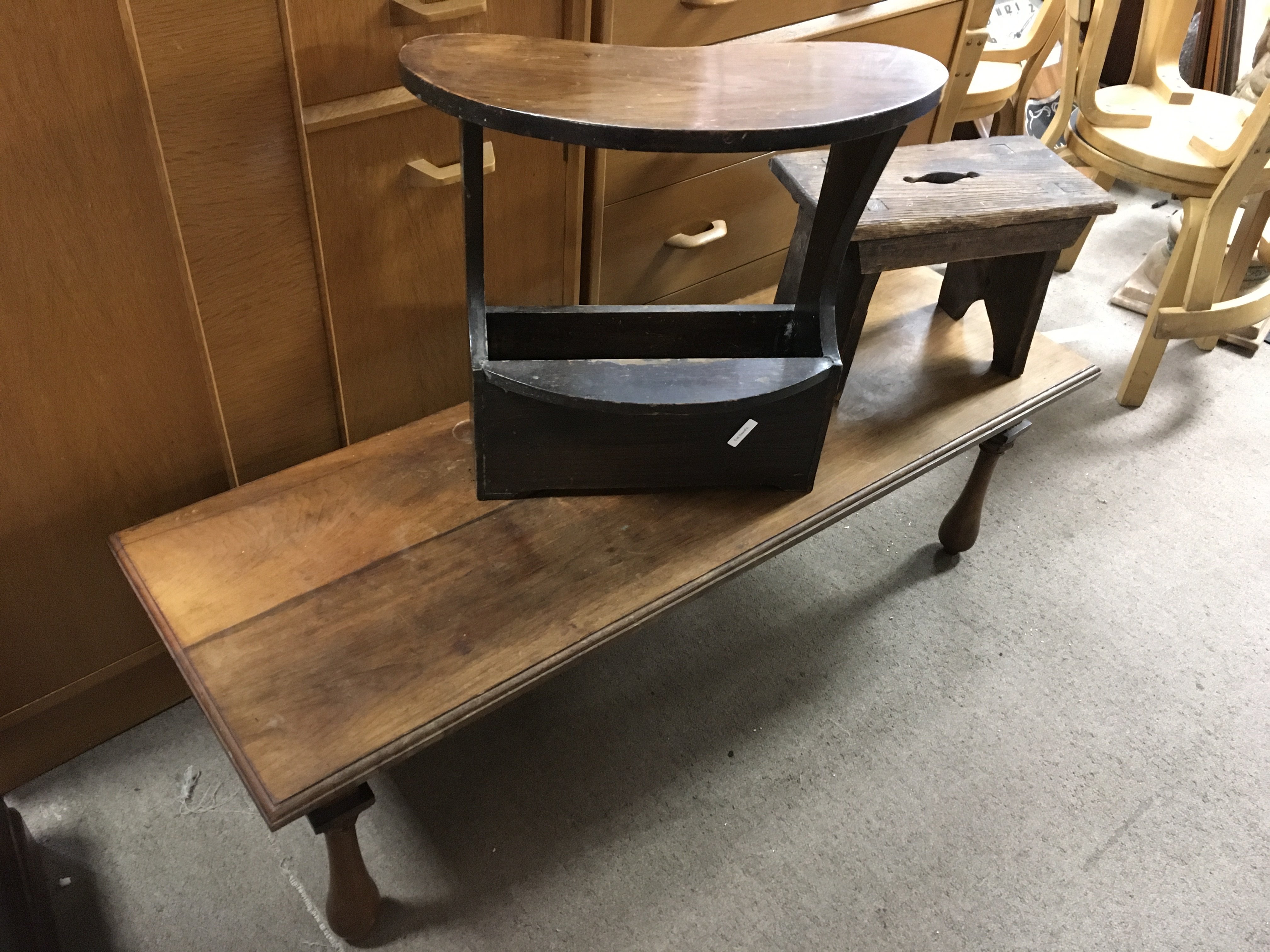 A walnut coffee table 120cm wide 38cm tall, small side table and a stool