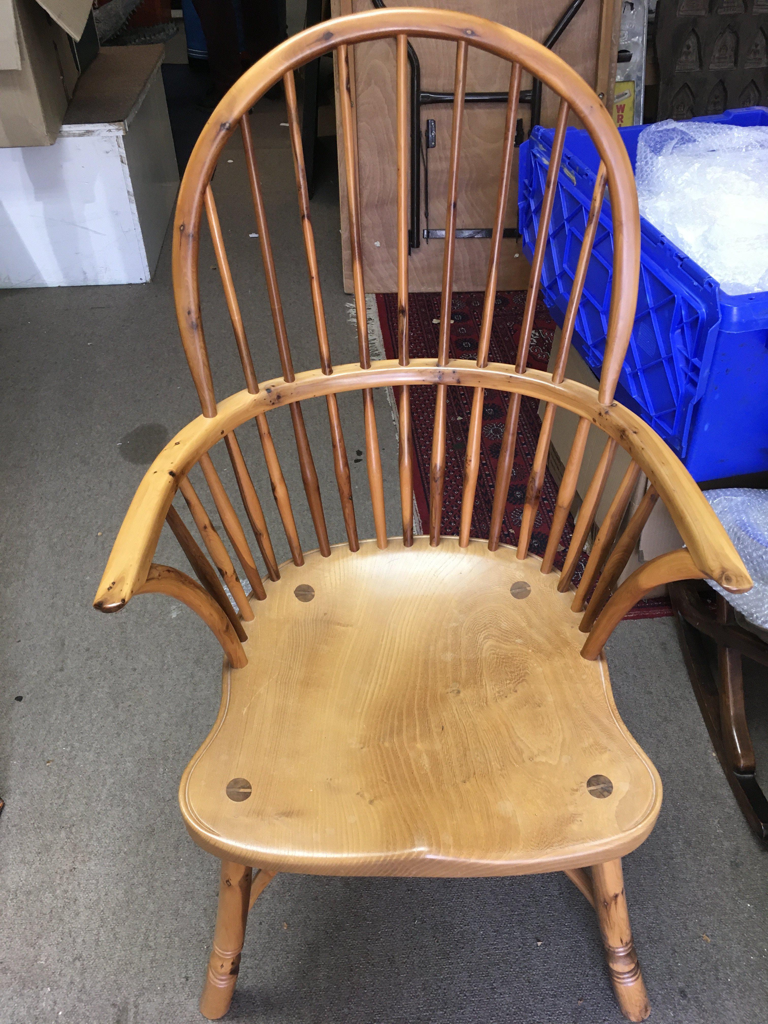 A yew wood traditional Windsor stick back chair, T&J Ingram Stoke sub hamdon 1983