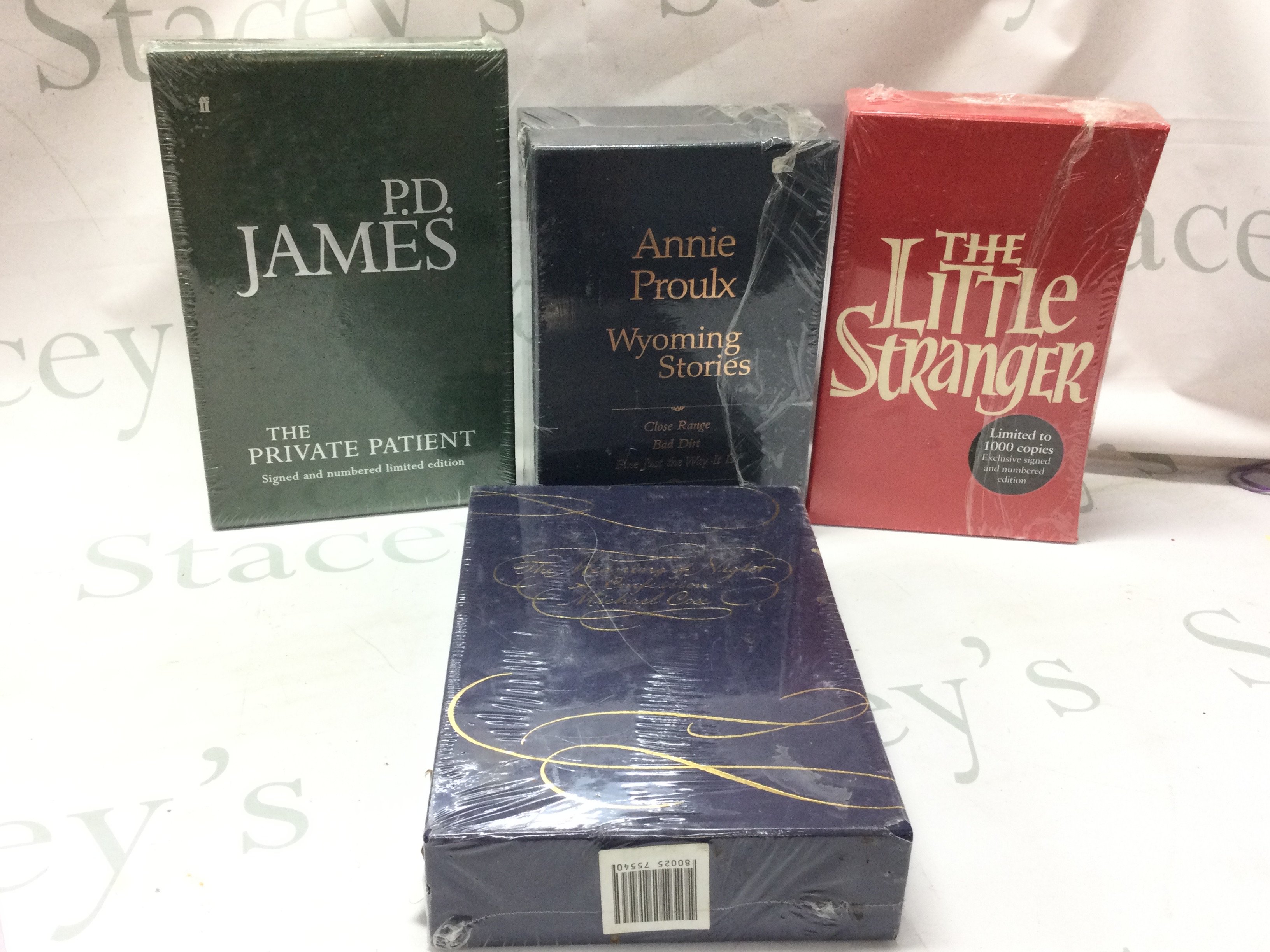 Four sealed books- P.D James The Private Patient signed an numbered edition, Annie Proulx Wyoming Stories, The Little Stranger signed and limited edition, The Meaning of Night A confession Micheal Cox. postage category C