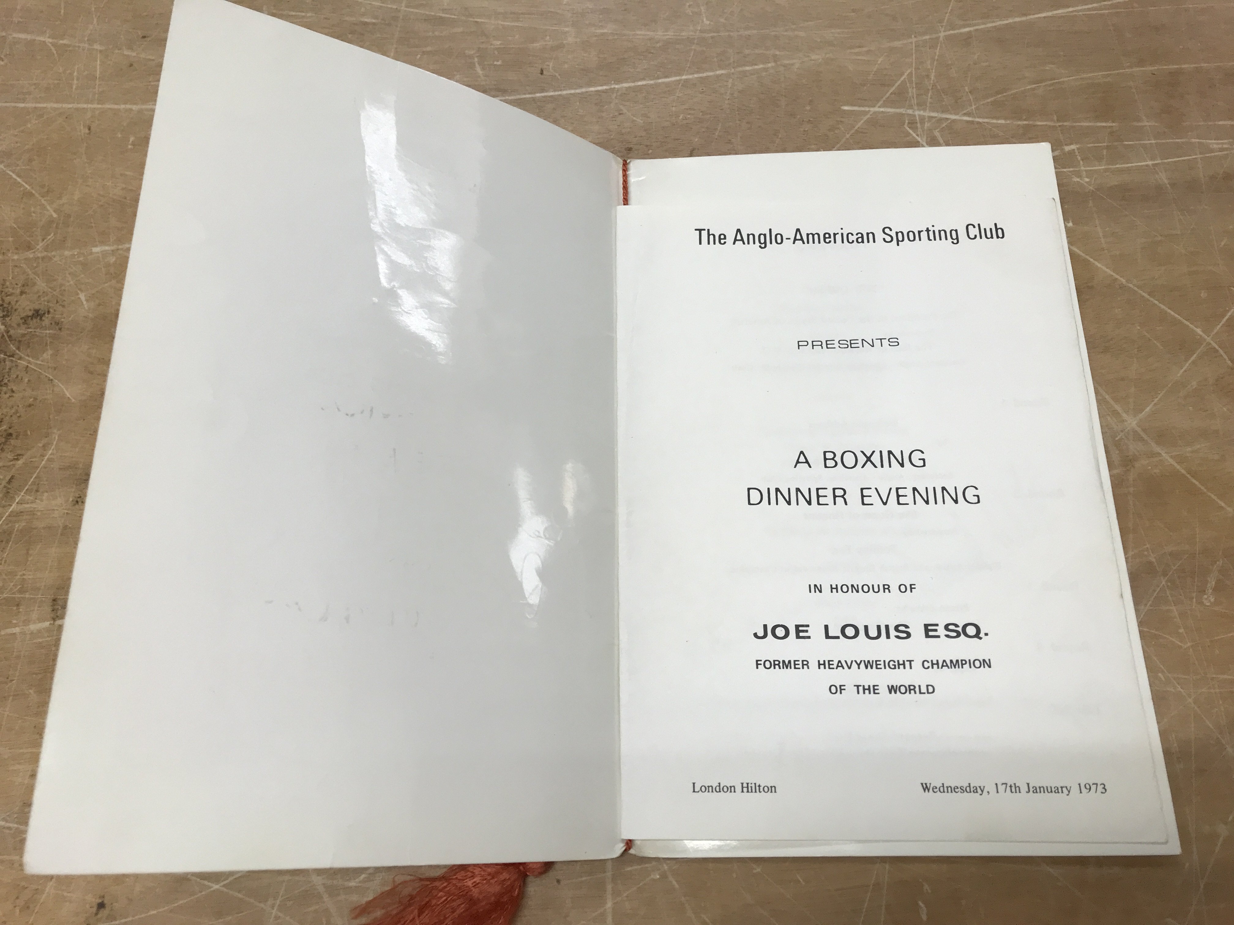 Anglo American sporting club boxing dinner menu with number of signatures including Joe Bugner, . Postage category A- NO RESERVE