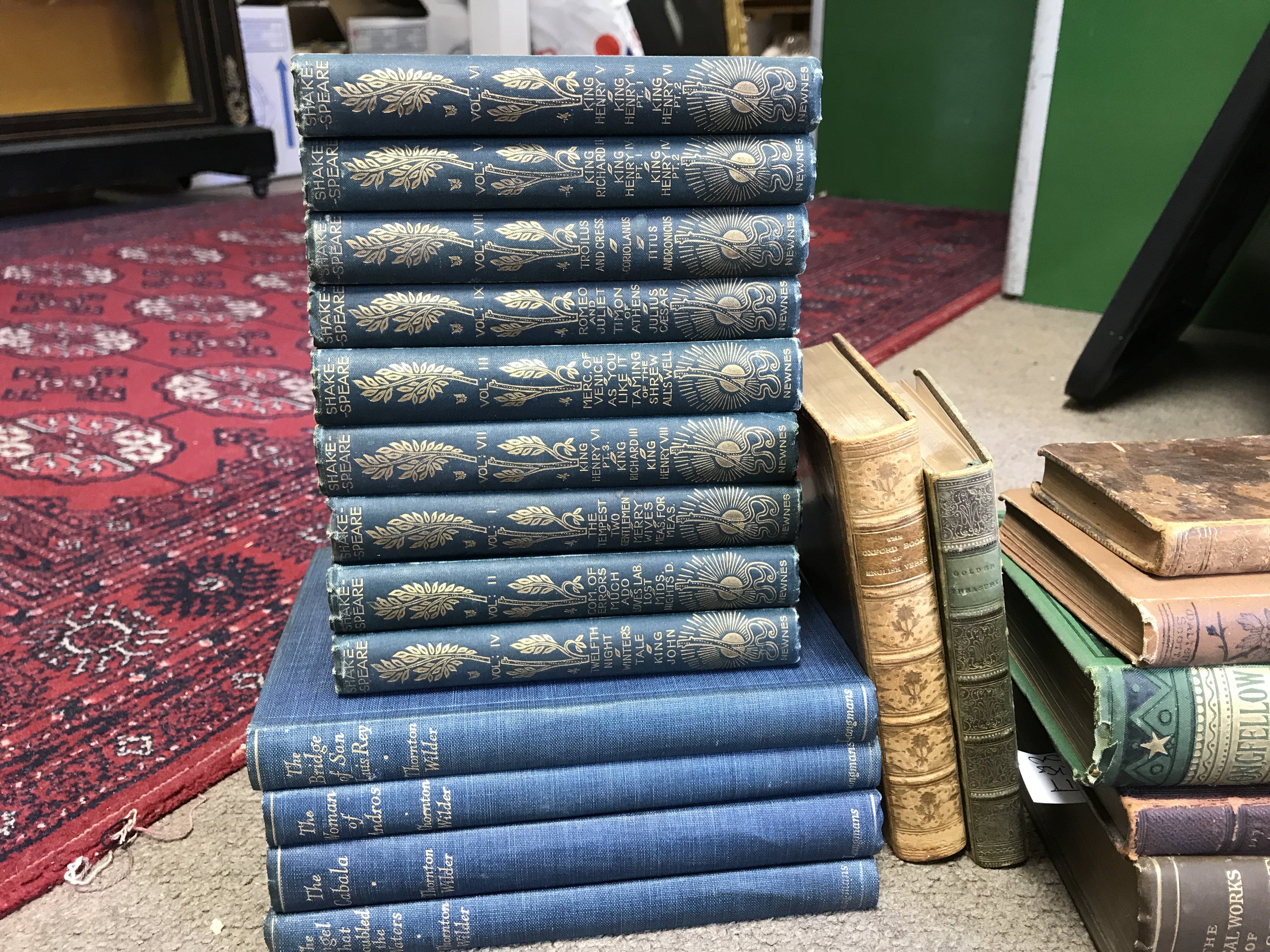 A collection of books including the works of Shakespeare volumes by George Newnes, Thornton Wilder books The Bridge of San Luis Rey, The Woman of Andros, The Cabala, The Angel that troubled the waters, Oxford book of English verse 1250-1900 Arthur Quiller Couch 1926, Poetical works of Abraham Crowley vol 1 1784, The Canterbury poets 1890, poetical works of Henry Wadsworth Longfellow 1880, Lays of Ancient Rome 1850, poetical works of Sir Walter Scott, Playbox annuals. Postage cat C- NO RESERVE