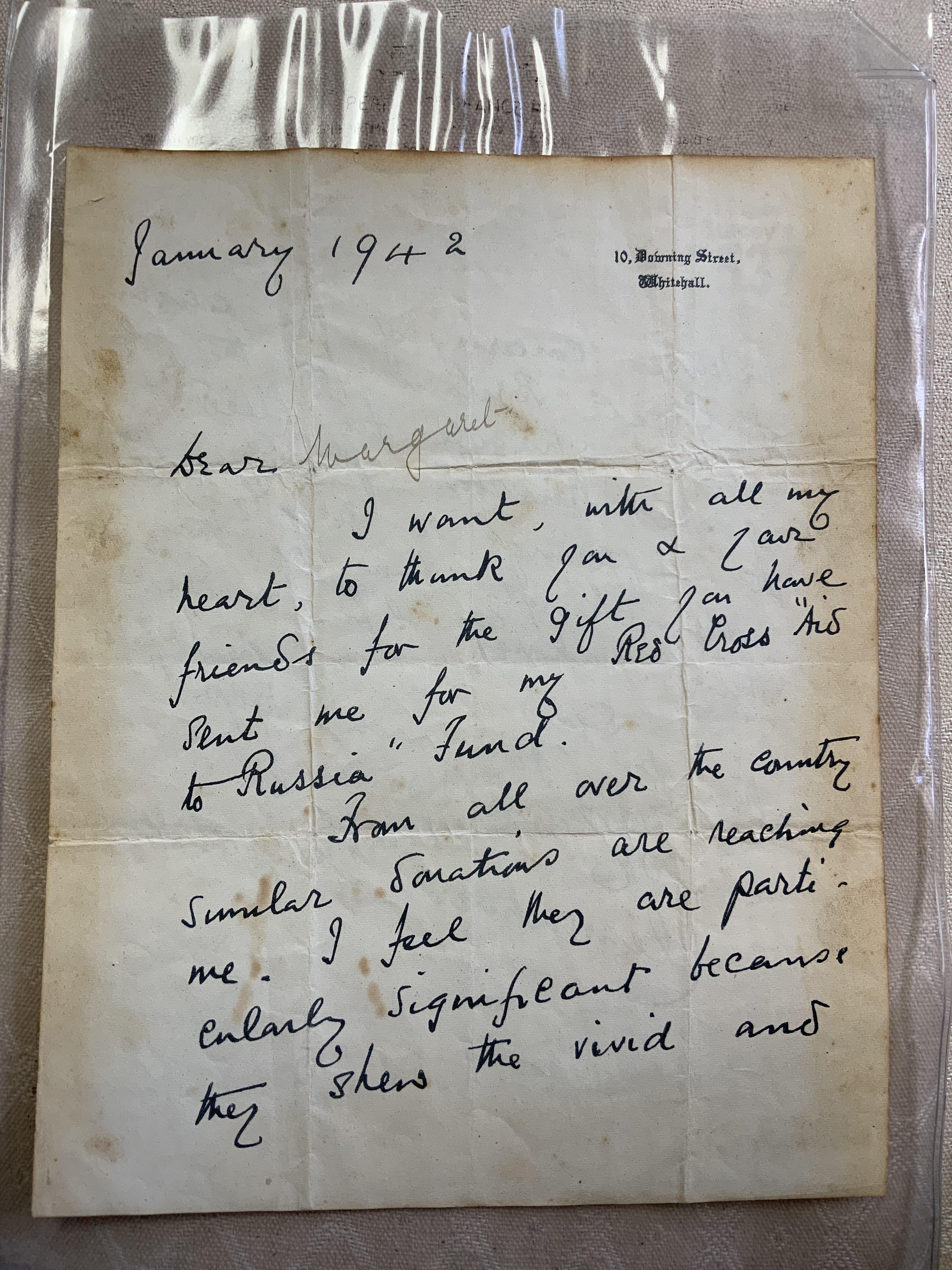A signed hand written letter by Clementine Churchill, dated January 1942, written from 10 Downing Street, Whitehall, together with a 1918 Printed letter from George V to the P.O.Ws after WW1.