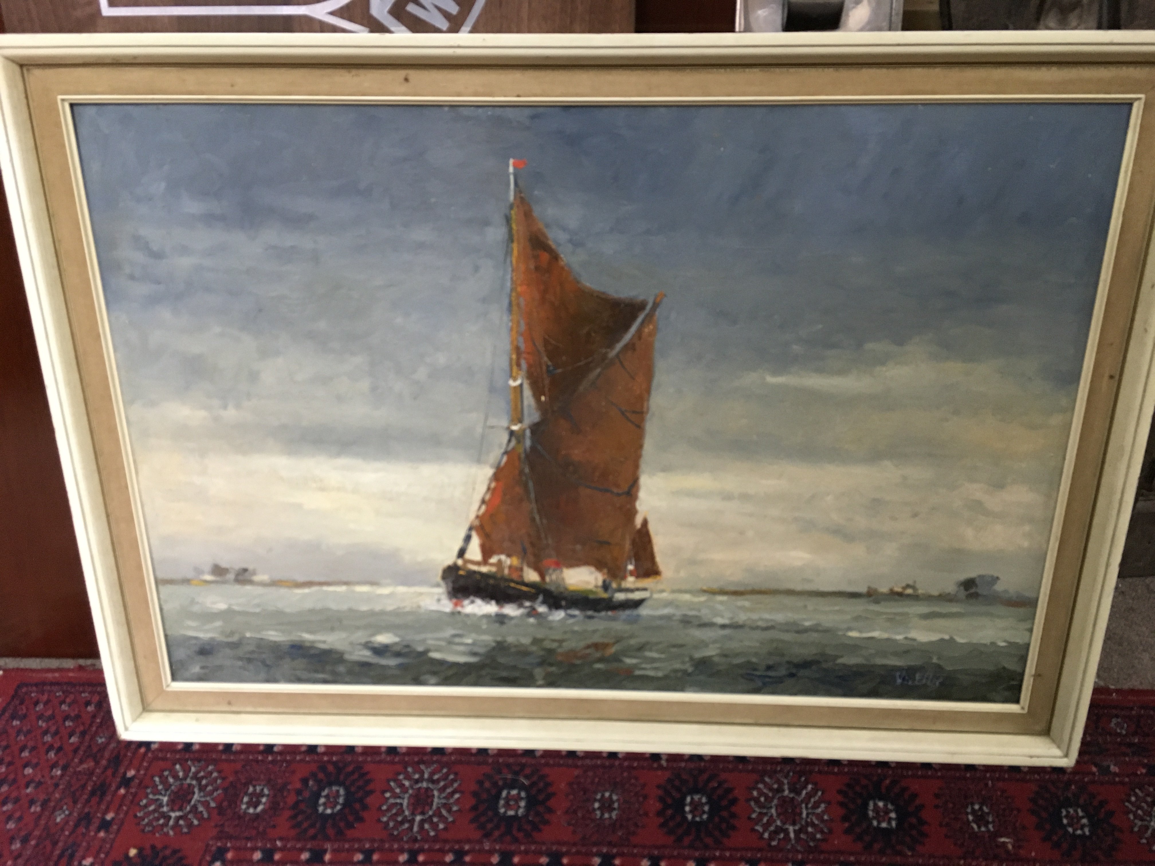A framed vic ellis oil on canvas painting , Thames barge frame size 84x58cm