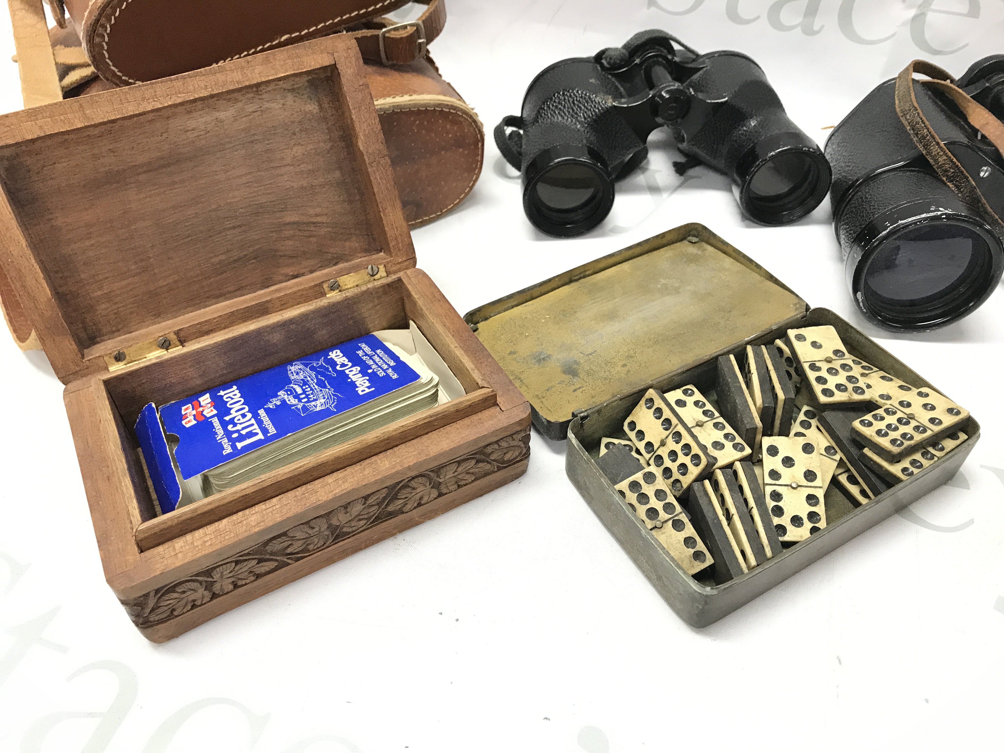 Vintage cased binoculars Aurora 12x50, Scope 9x35, dominos pieces ,wooden trinket box . Postage category C- NO RESERVE