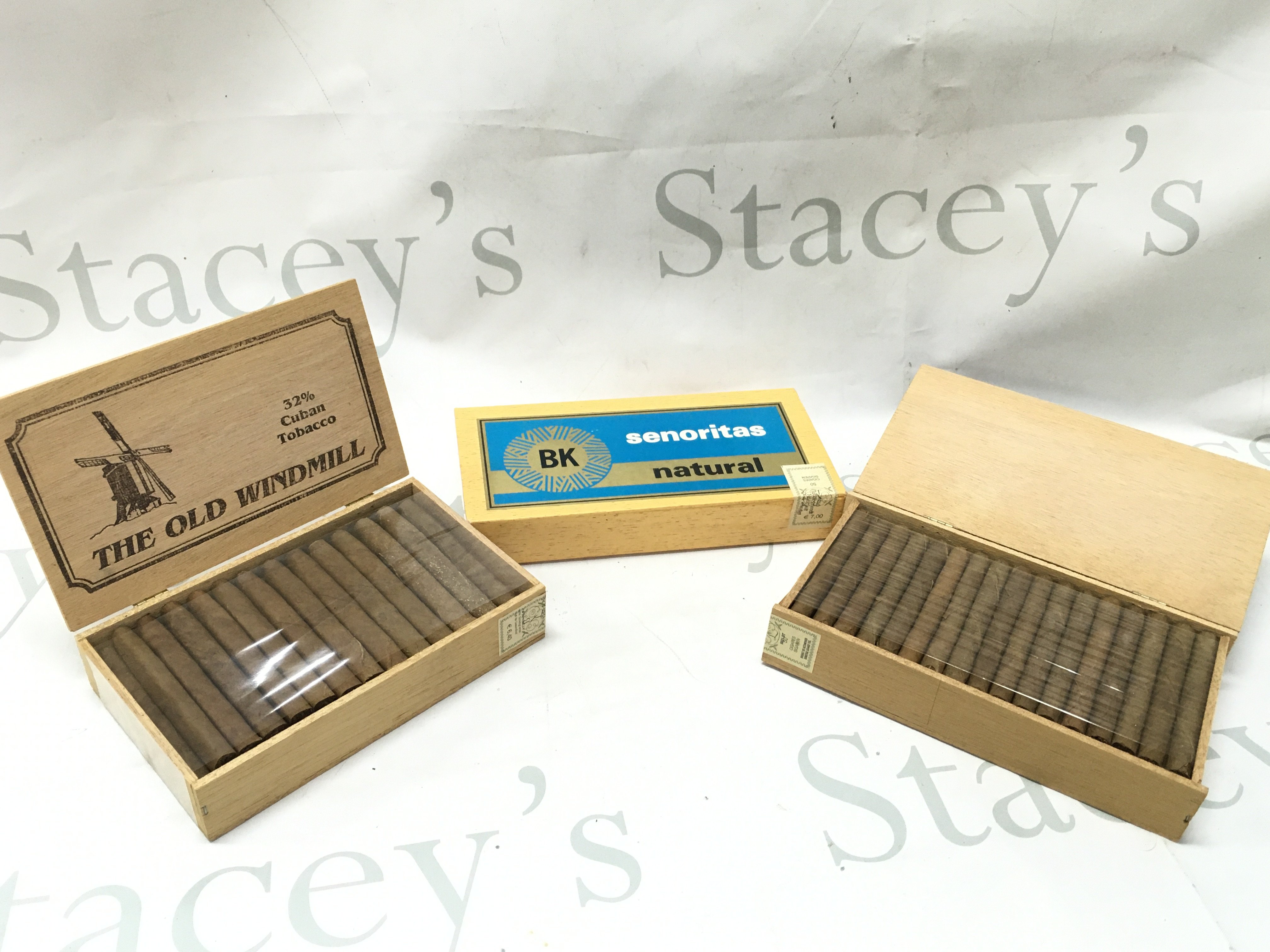 Three boxes of cigarillos including The Old Windmill , Tobacco Alley, sealed Senoritas natural. Postage category B
