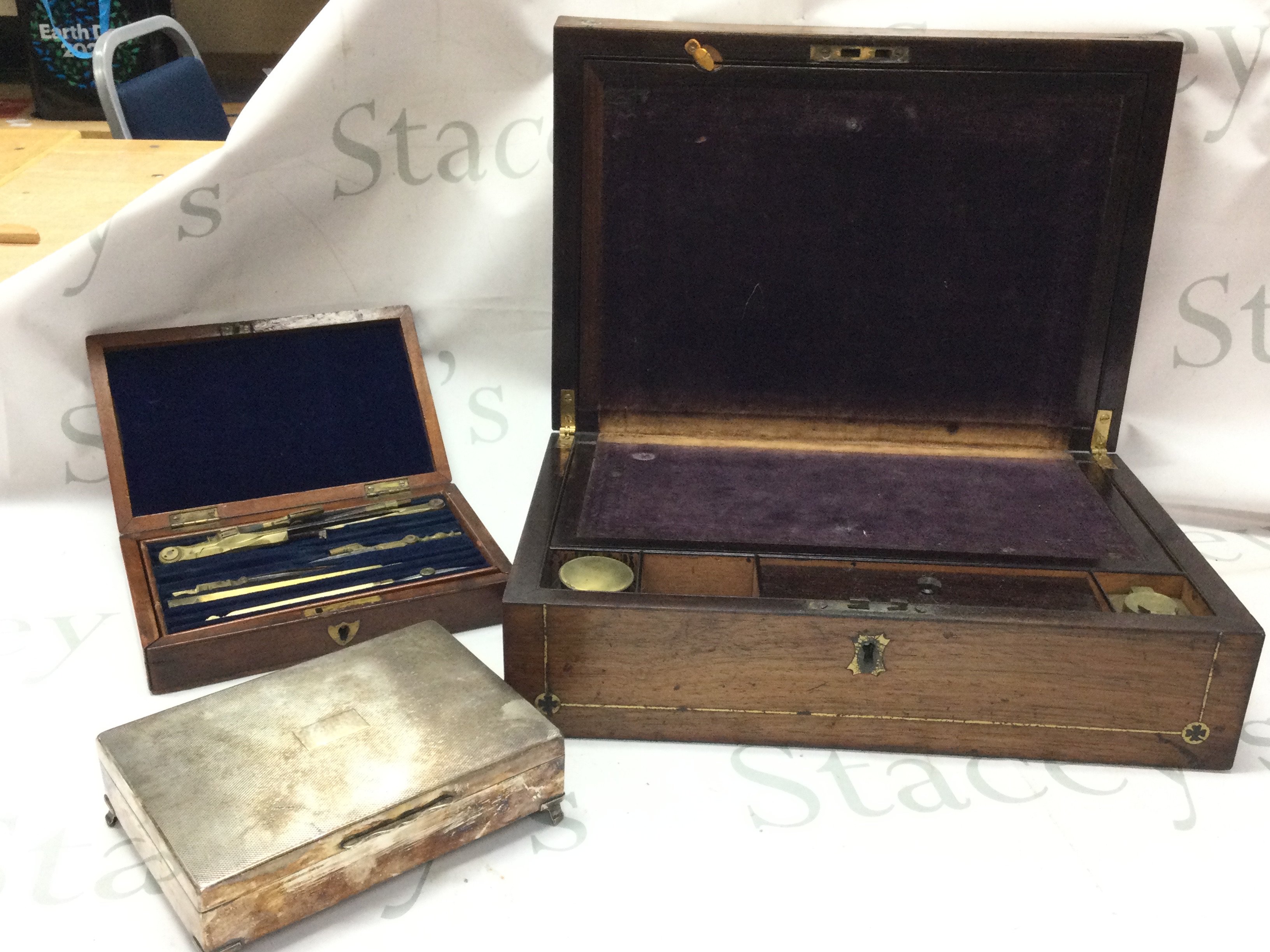 Writing slope, brass drawing instrument set, silver plated box. Postage category C