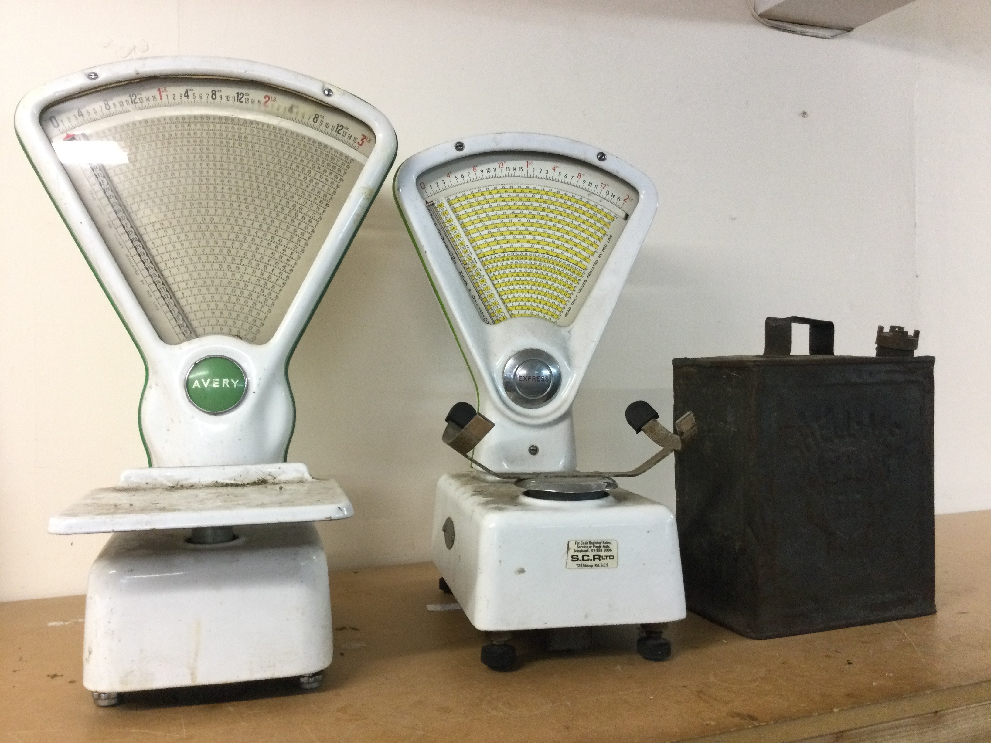 Vintage Avery and express shop scales and a Shell Mex BP oil can . This lot cannot be posted