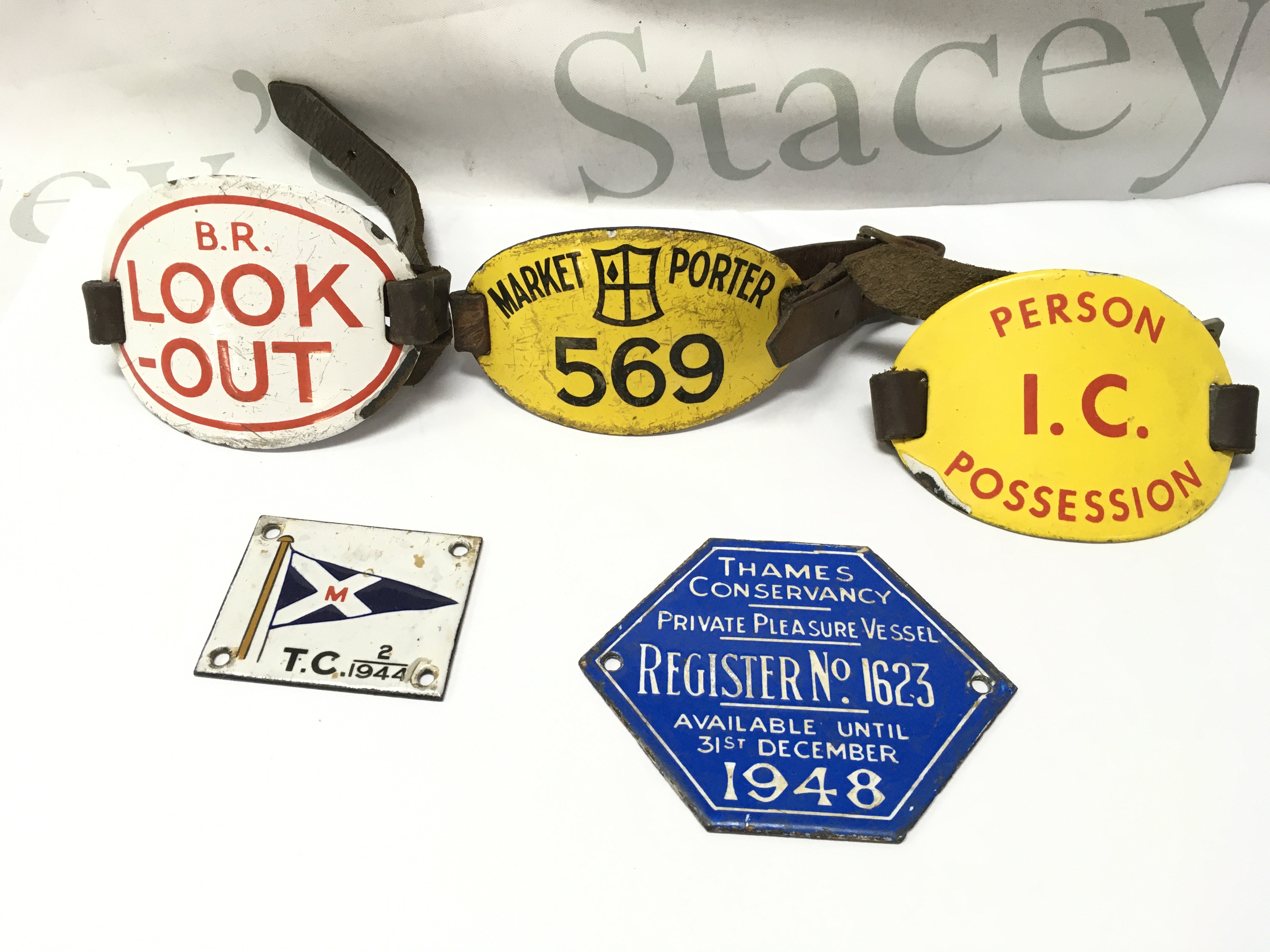 Look-Out enamel Armband complete with leather strap, Market Porter enamel Armband , railway person in charge band, Thames Conservancy boat plate Etc. Postage category B