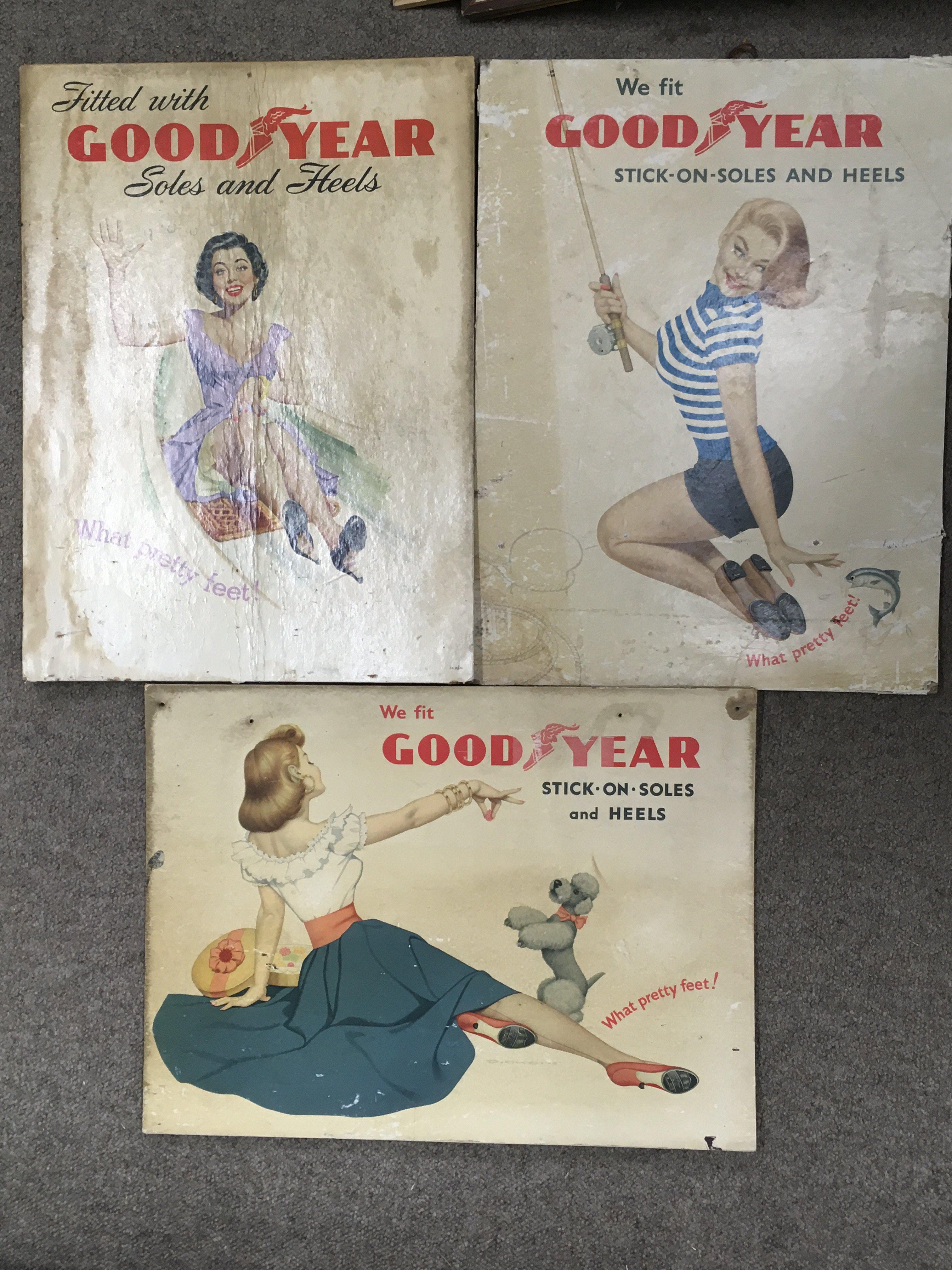 Vintage pin up style Good Year soles and heels advertisement cardboard posters . Dimensions 37x49cm