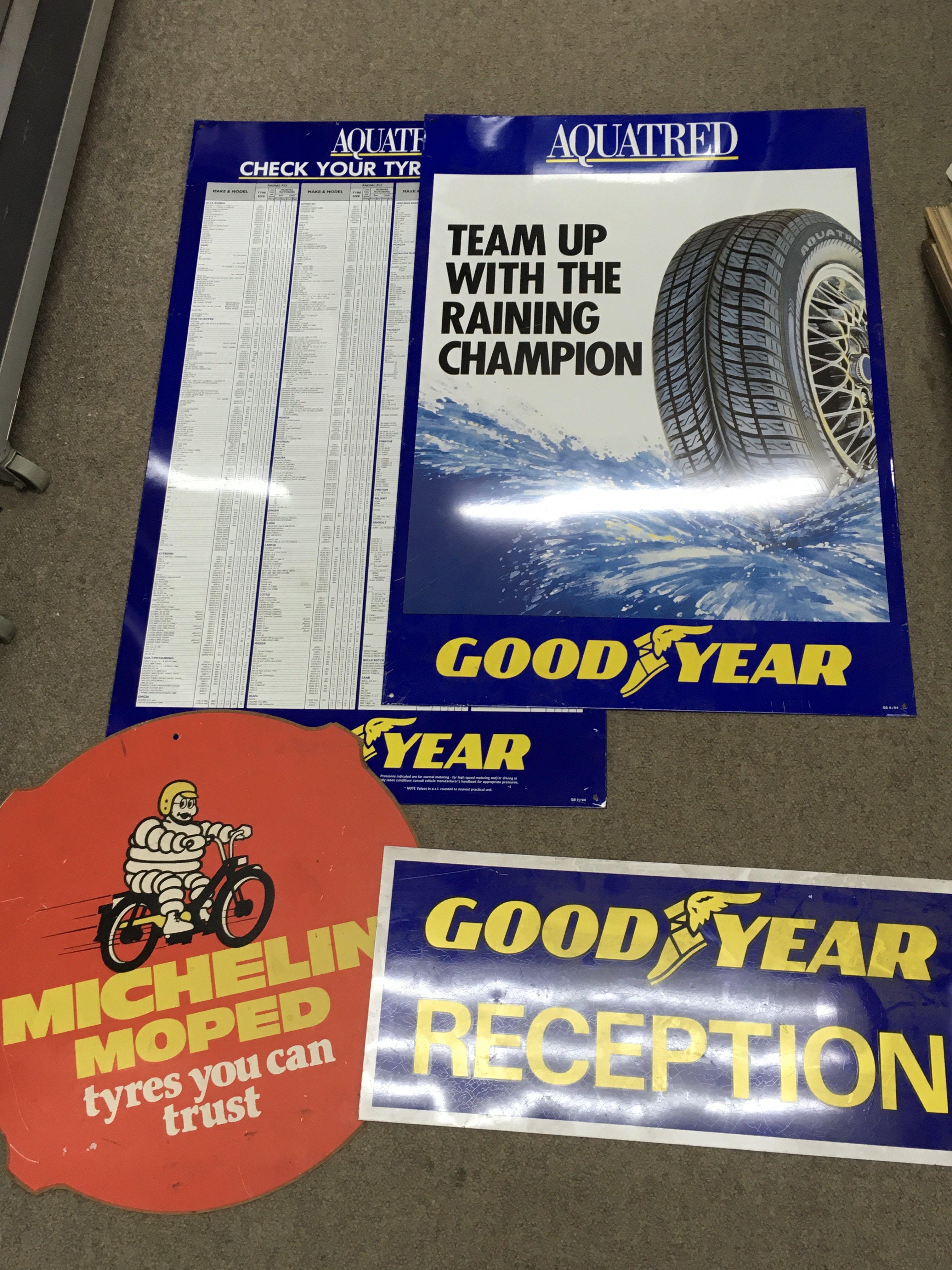 Vintage Good Year / Aquatred advertising signs and a cardboard Michelin Moped tyres sign. Aquatred sign Dimensions 55x78cm