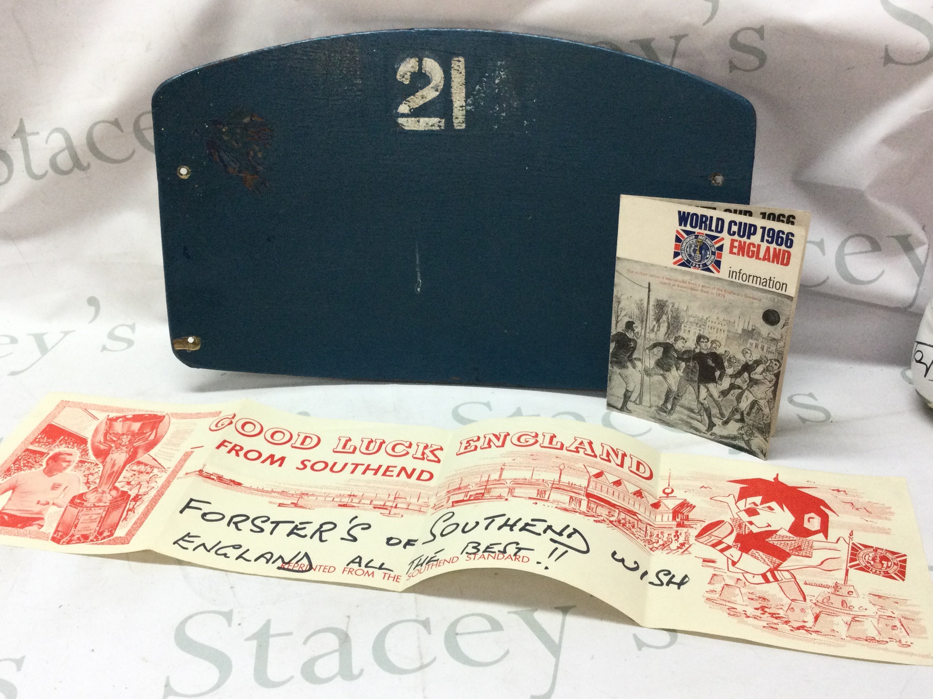 A Wembley stadium seat back, 1966 ticket information, Southend WC Willie poster. Postage category C