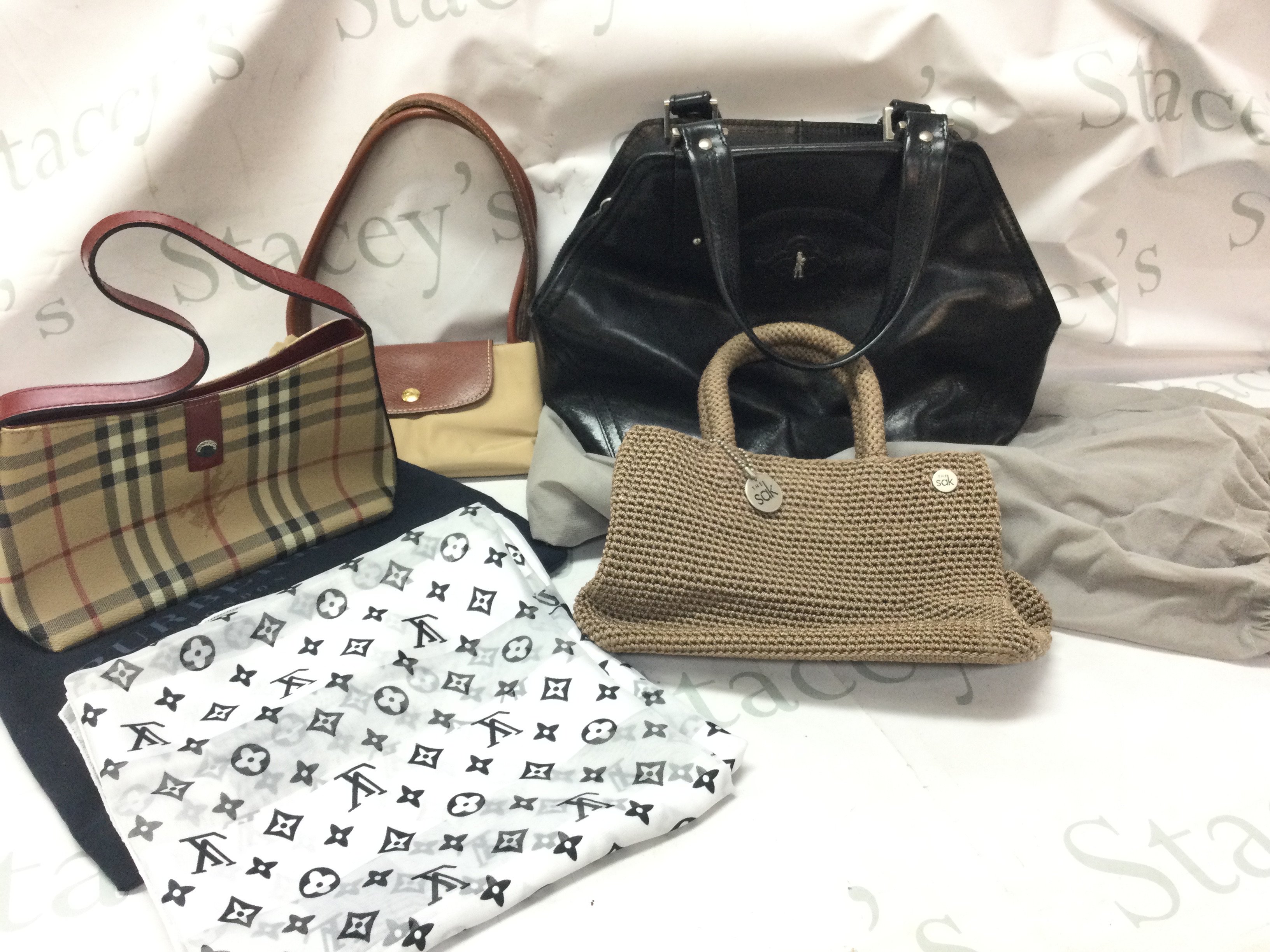 Genuine Long Champ bag along with a Gianni Conti- A Burberry bag, The Sak Bag, Louie Vuitton scarf