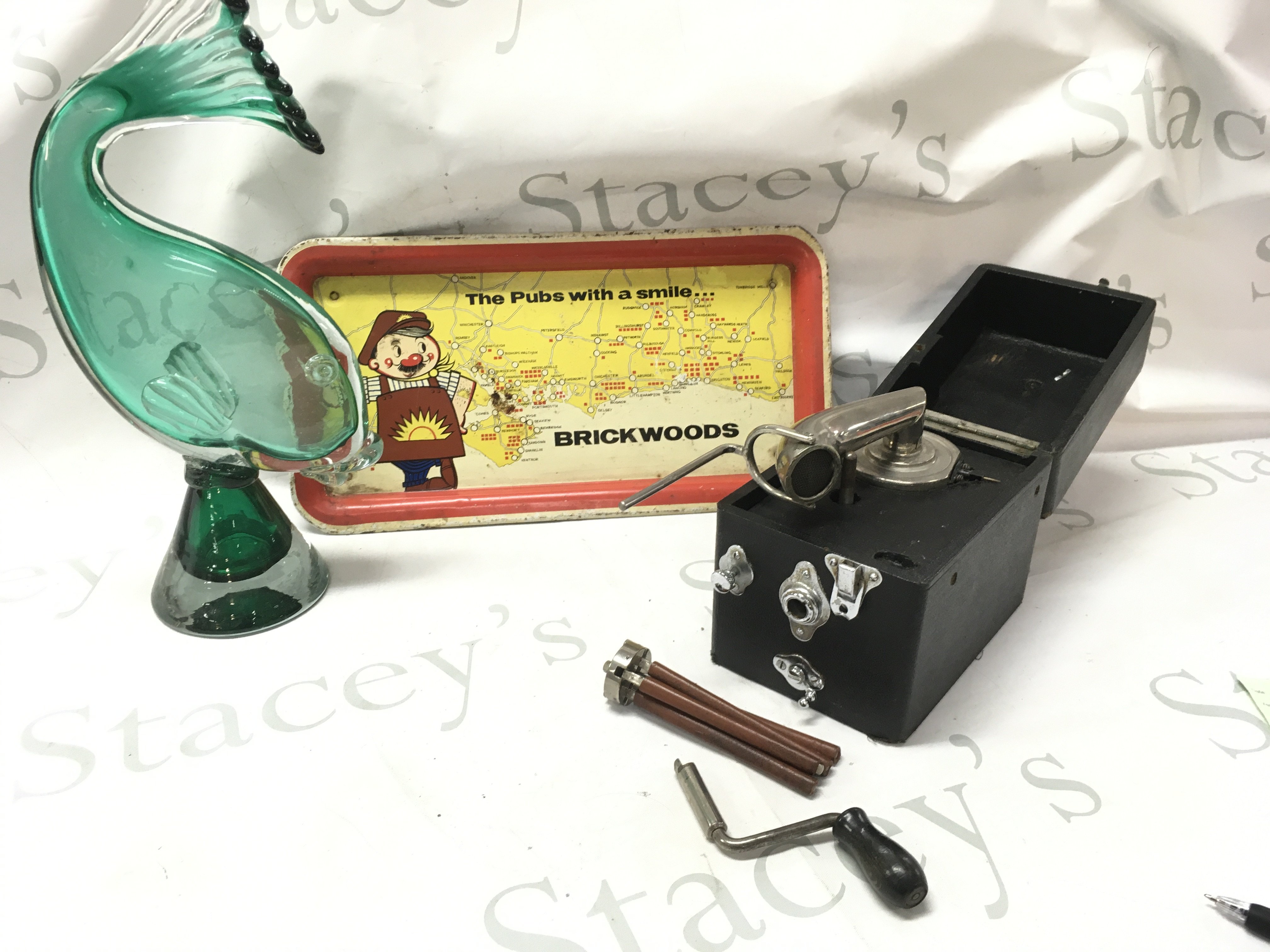 A brickwoods tray , Peterpan Gramophone, glass fish figure. This lot cannot be posted