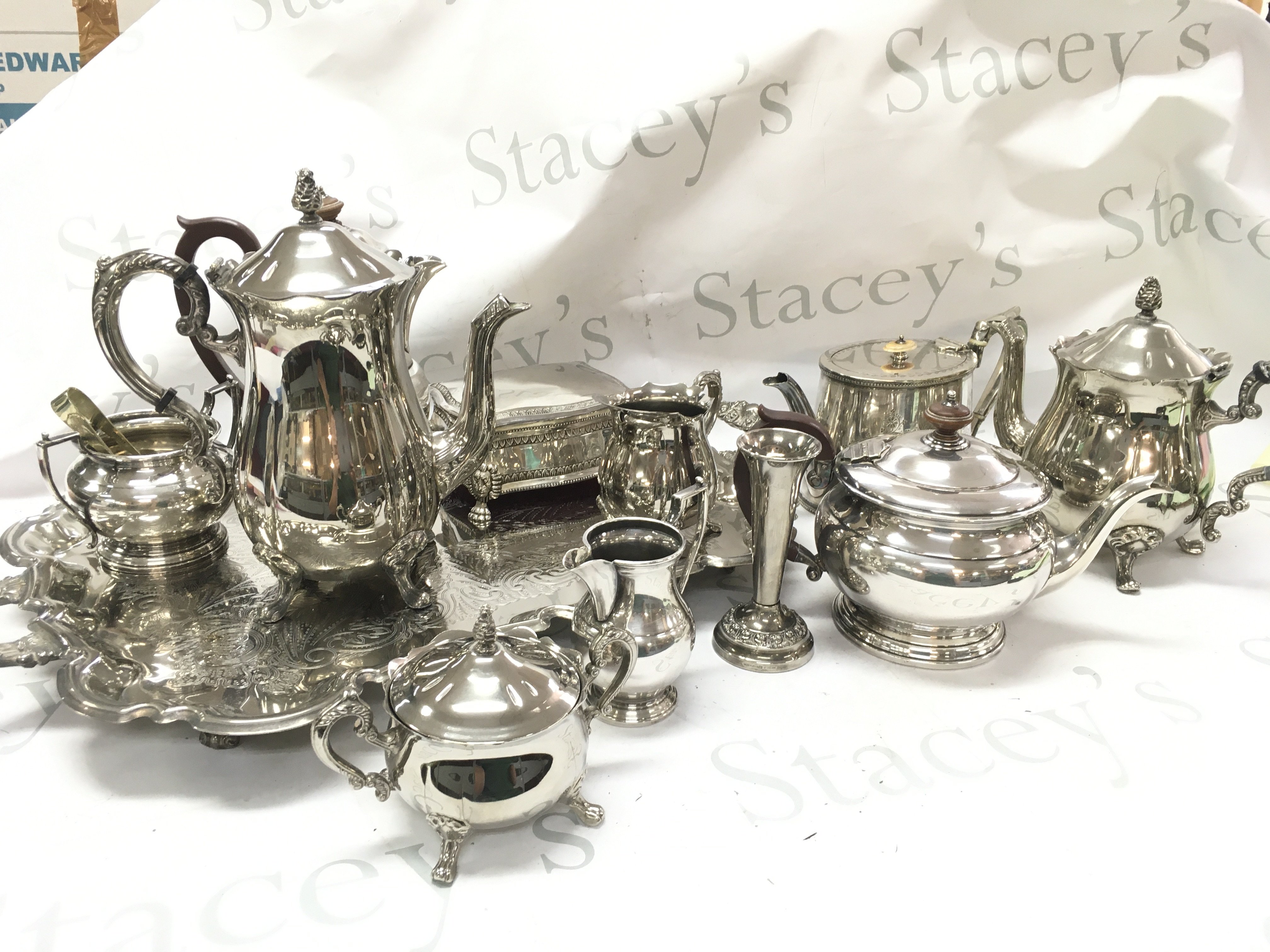 Silver plated tea set including tray, tea jugs etc. this lot cannot be posted