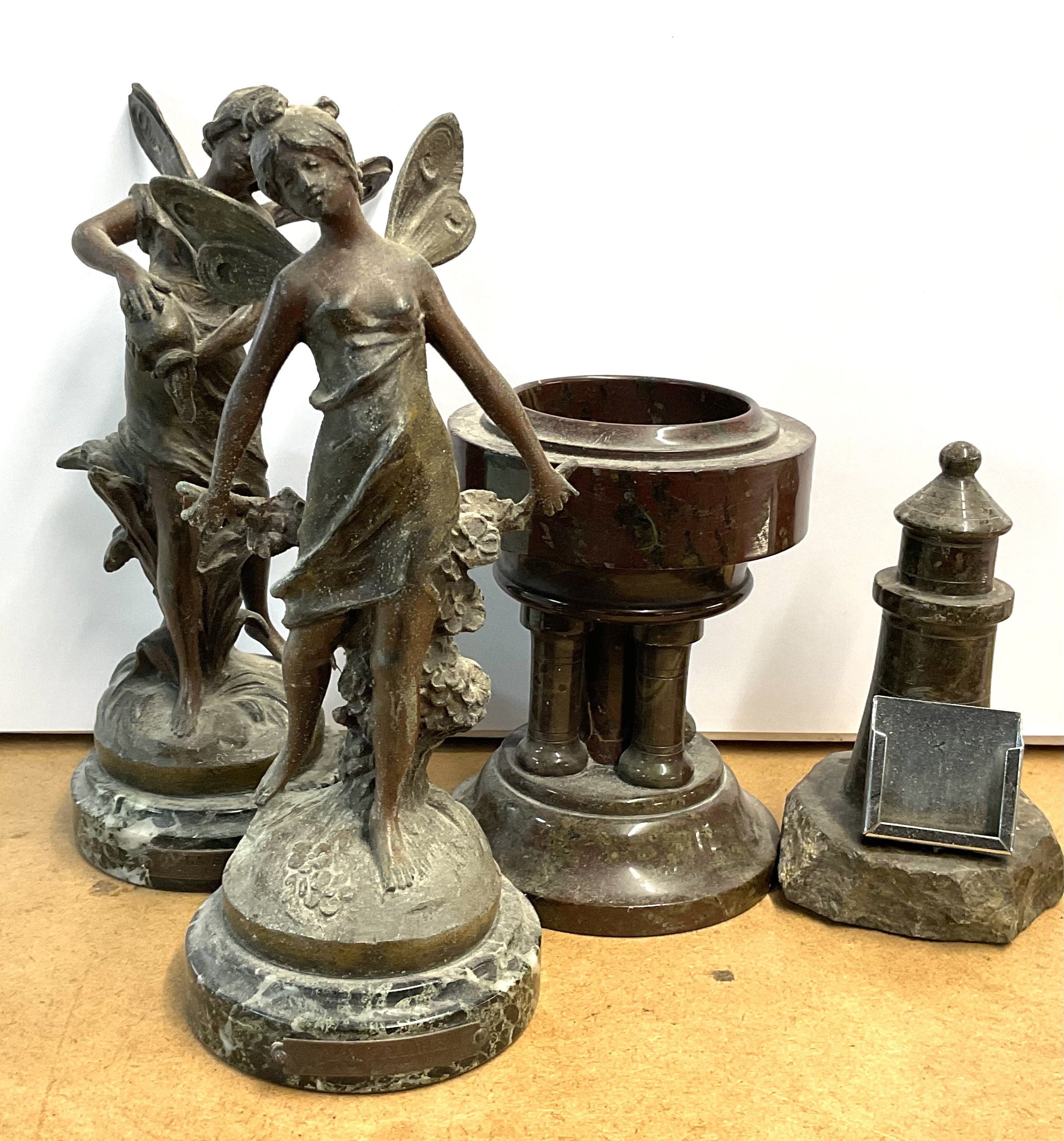A 12.5cm serpentine marble font, Model lighthouse together with 2 Spelter figures of fairy&#2013266057۪s.