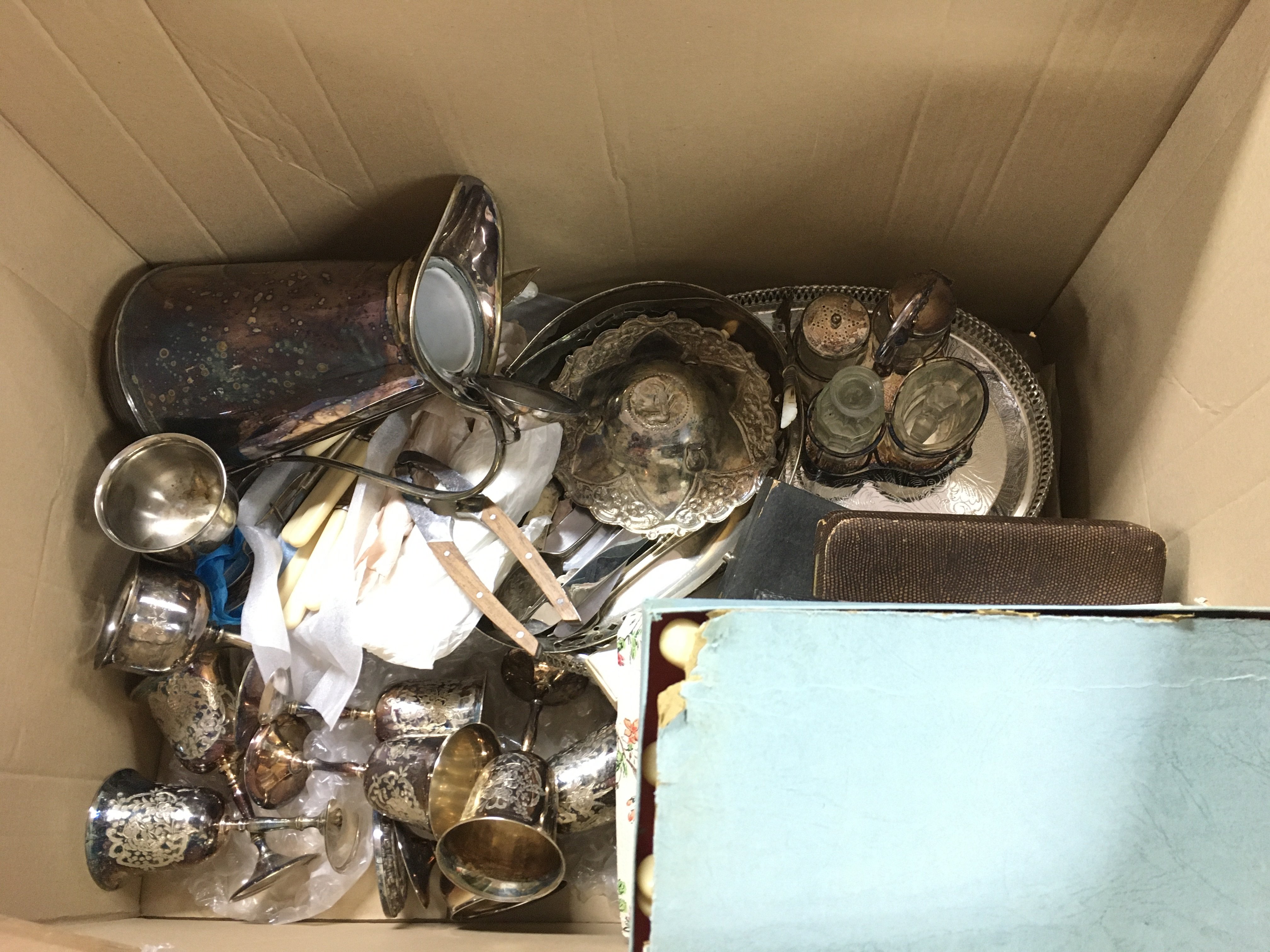 A collection of silver plated items including boxed cutlery