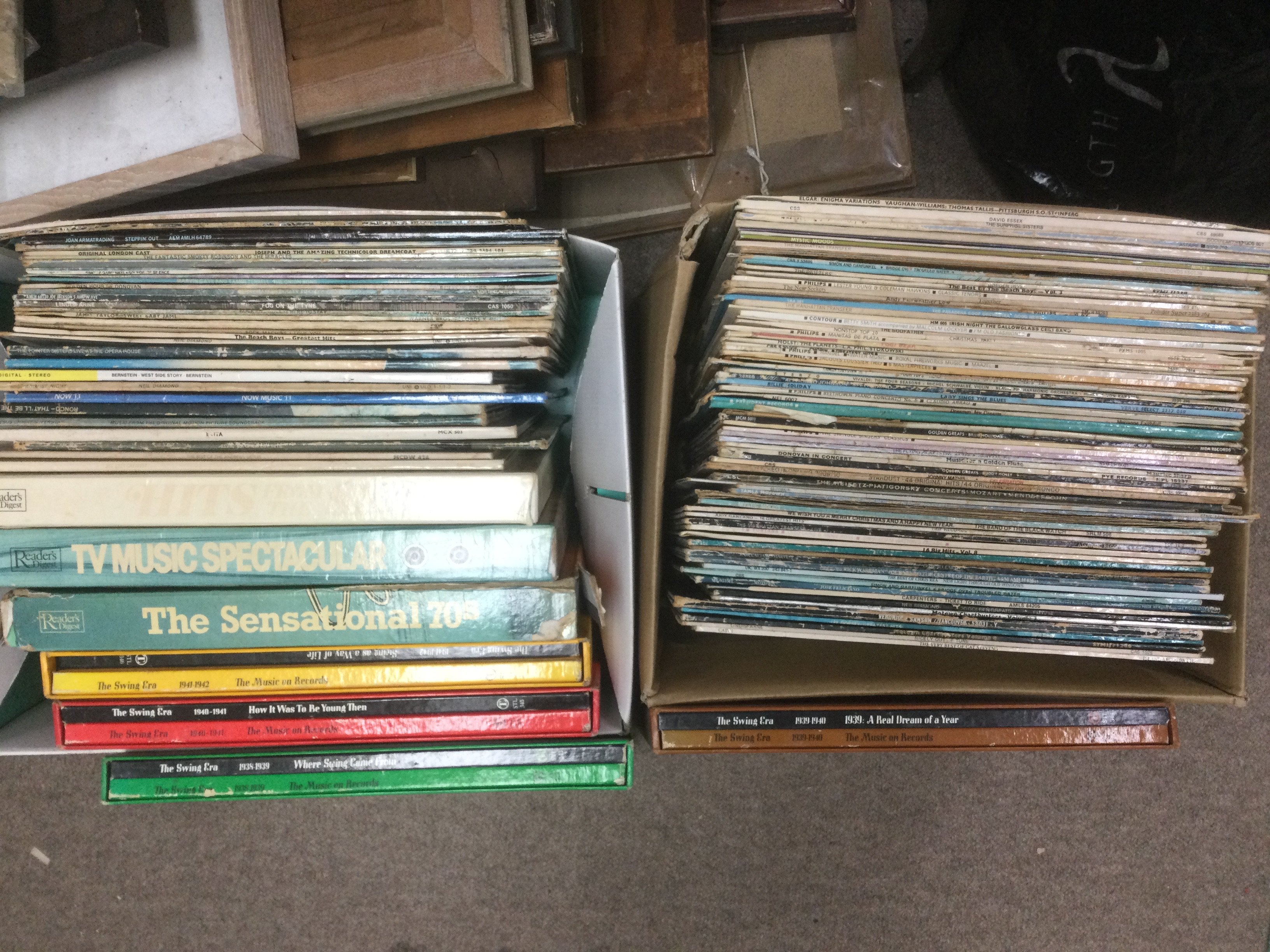 Two boxes of LPs by various artists including jazz, pop and classical titles. Shipping category D.
