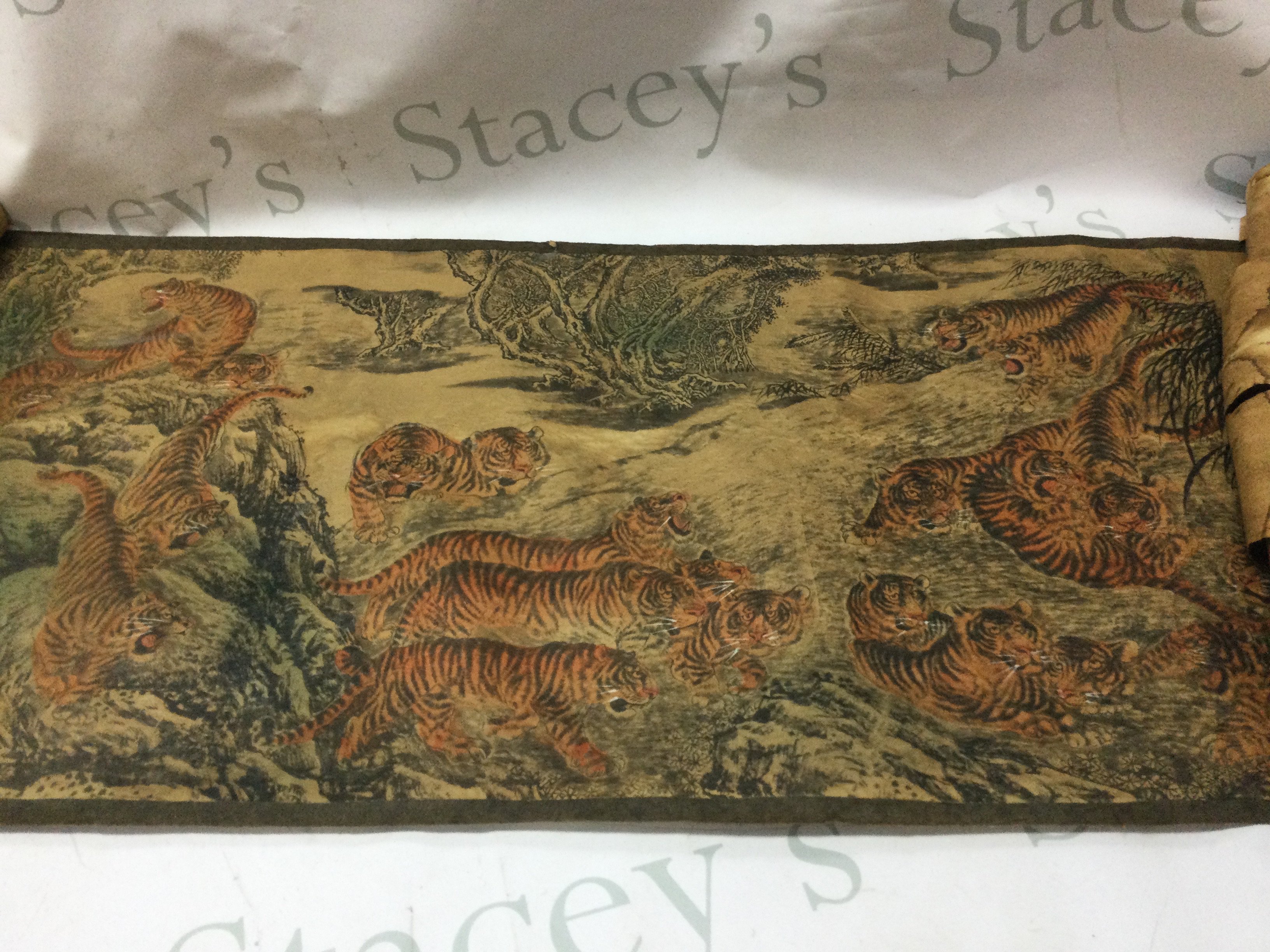 A Tibetan scroll with tiger paintings , Hundred tigers picture. Approximately 4 metres long. Postage category C