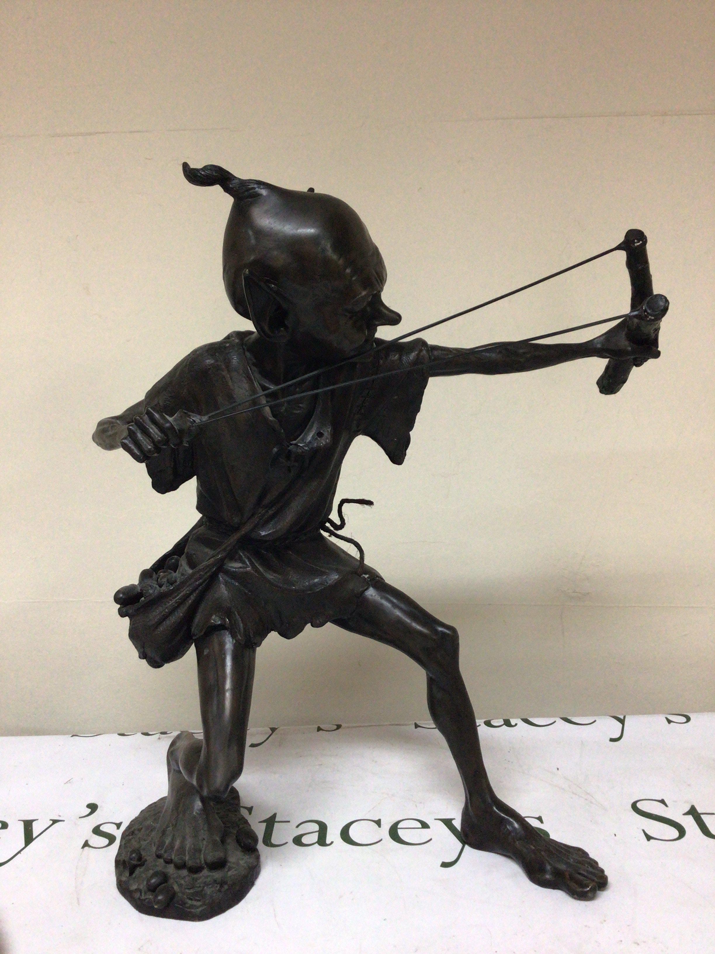 A quality 20th century bronze of a Hoblin with a catapult by Julian Jeffrey (b1973) signed base and a very well documented example of the sculptures by Julian Jeffery. Hight 55cm