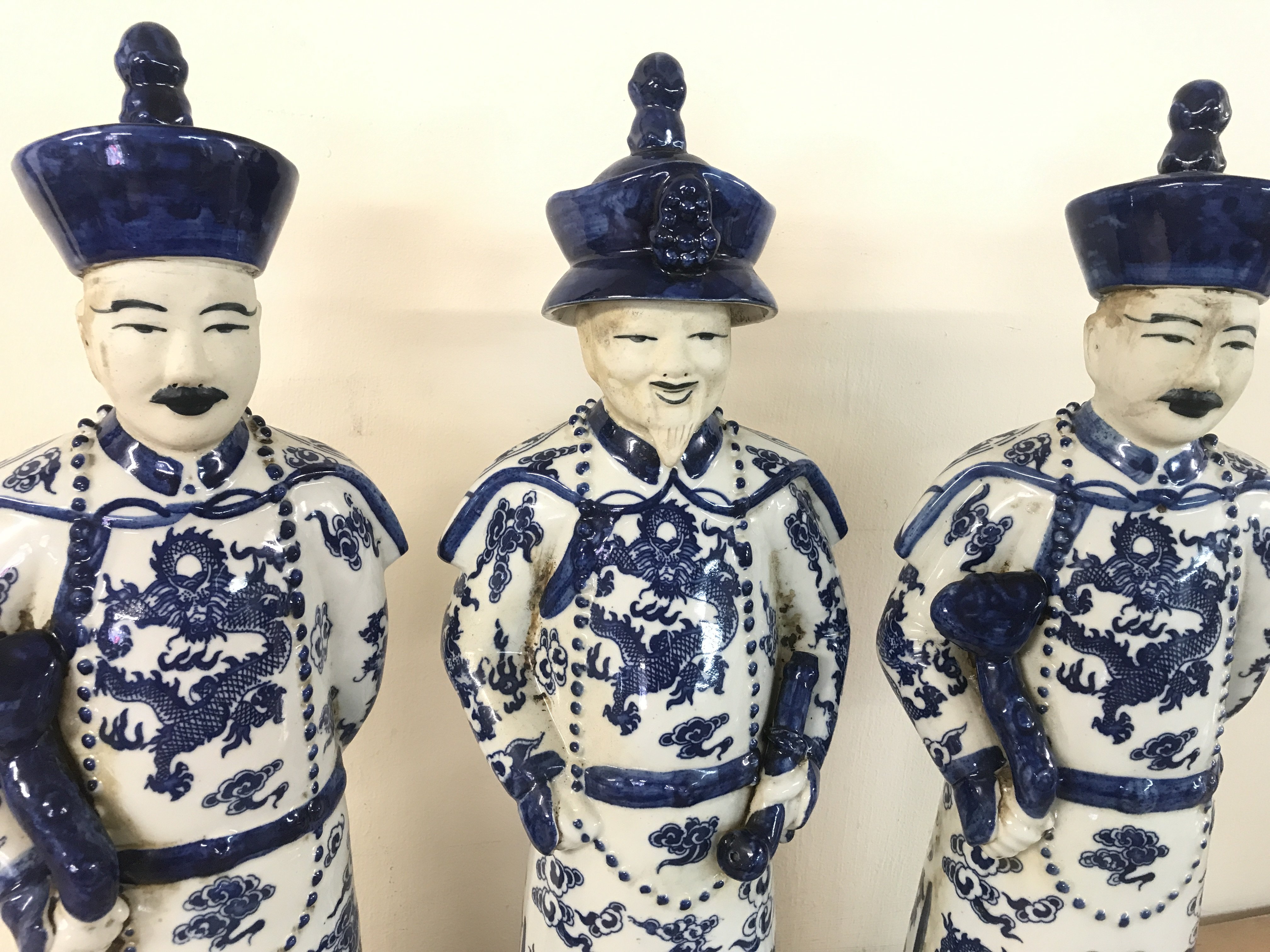 Chinese blue and white three standing Ching Qing Emperors , 43cm tall. This lot cannot be posted- NO RESERVE