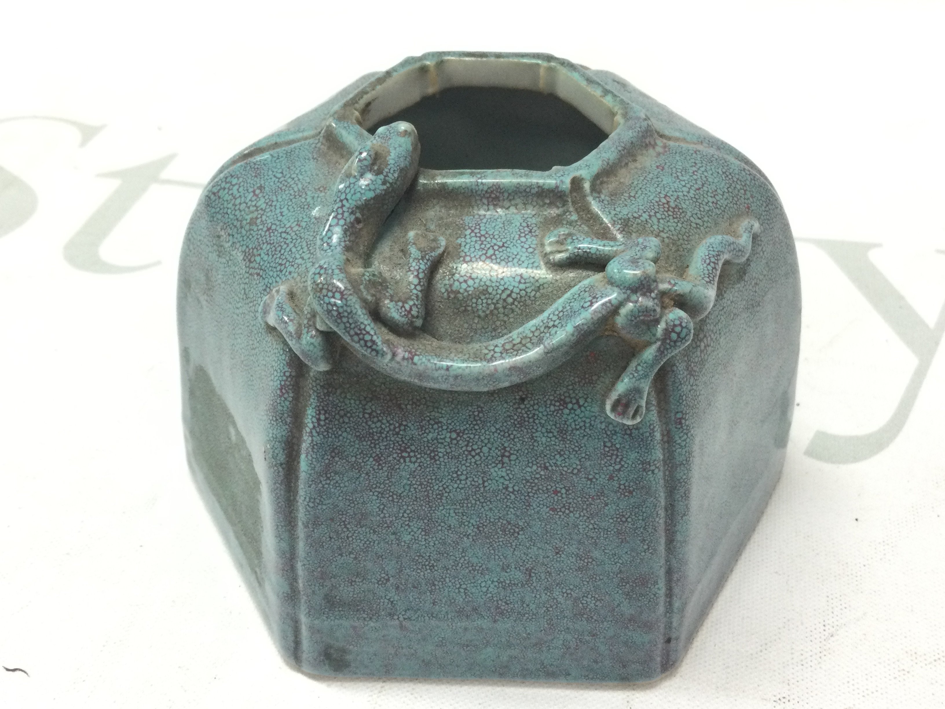 A Chinese Turquoise water dipper with black dragon crawling up side, 6.5cm tall. this lot cannot be posted