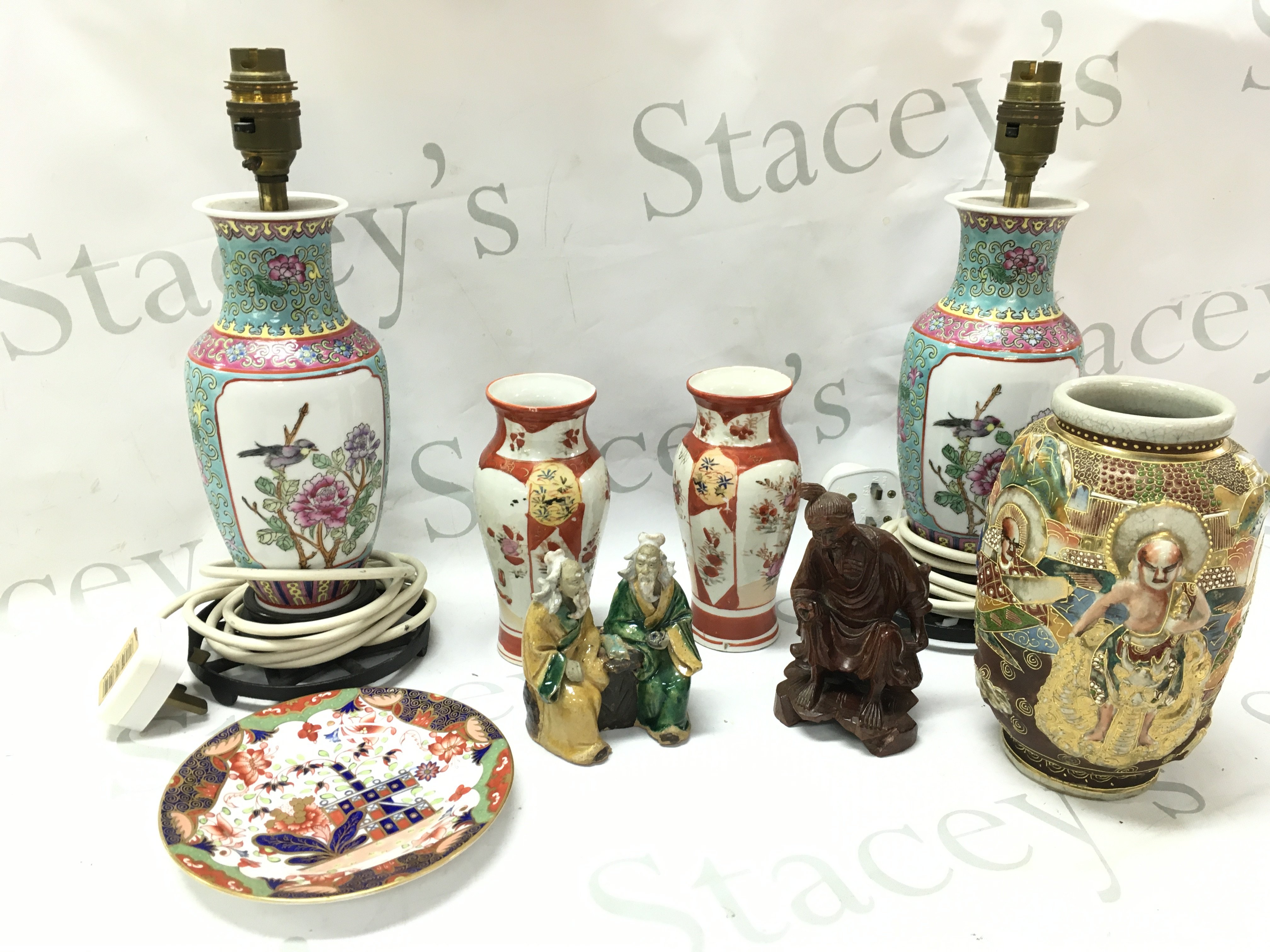A Satsuma vase, Chinese figures, Kutani vases, Chinese late republic vases converted to lamps. This lot cannot be posted