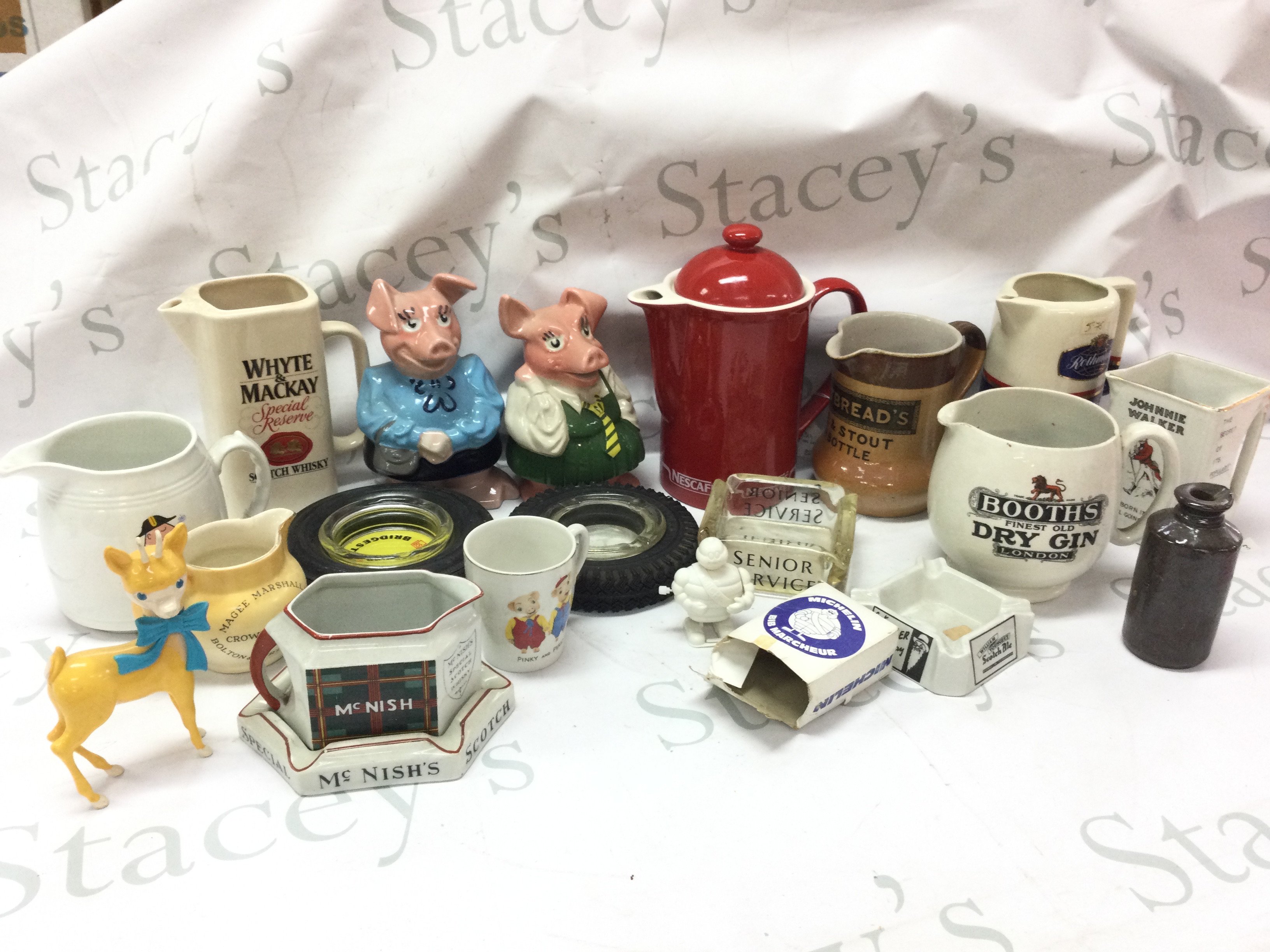 Bar advertising jugs including Whyte & Mackay, Booths Dry Gin (by Shelley) , Johnnie walker, Rothmans and other items. This lot cannot be posted