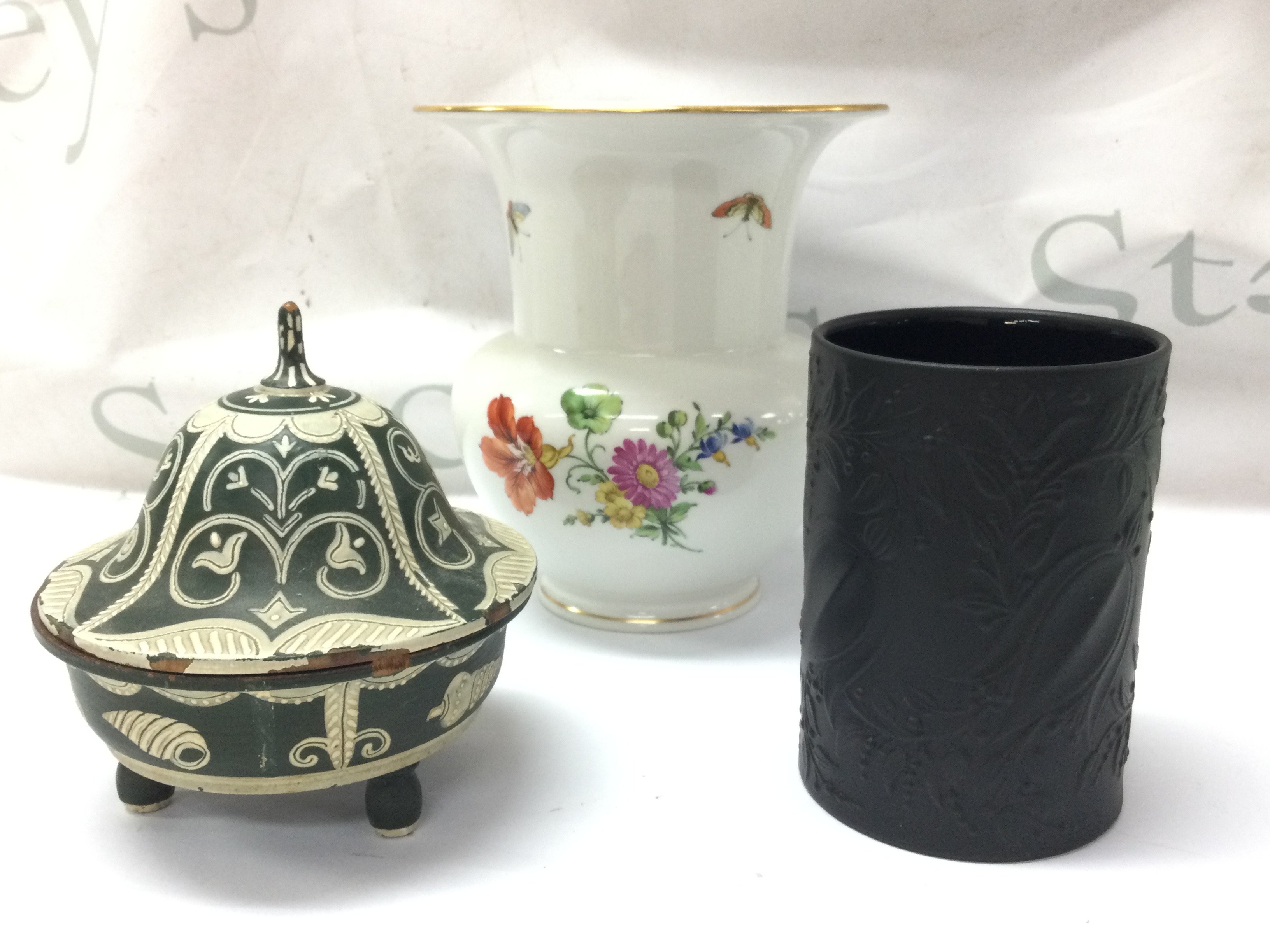 A Rosenthal limited edition vase, KMP floral vase and a painted Wood Treen and cover . This lot cannot be posted