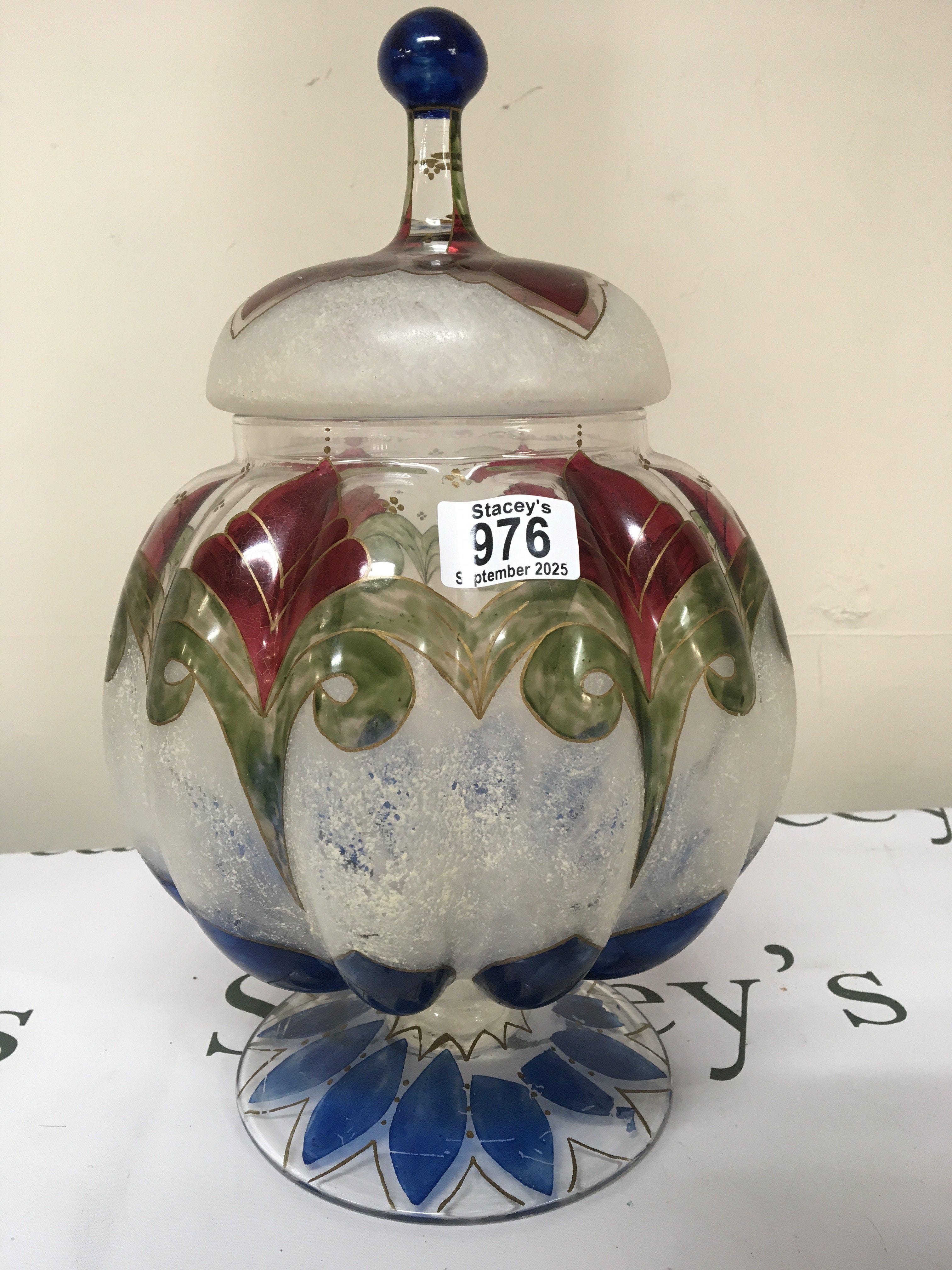 A Mid 20th century Italian art glass vase and cover painted with a repeat pattern attributed to Kristine design Milano. Height 38cm