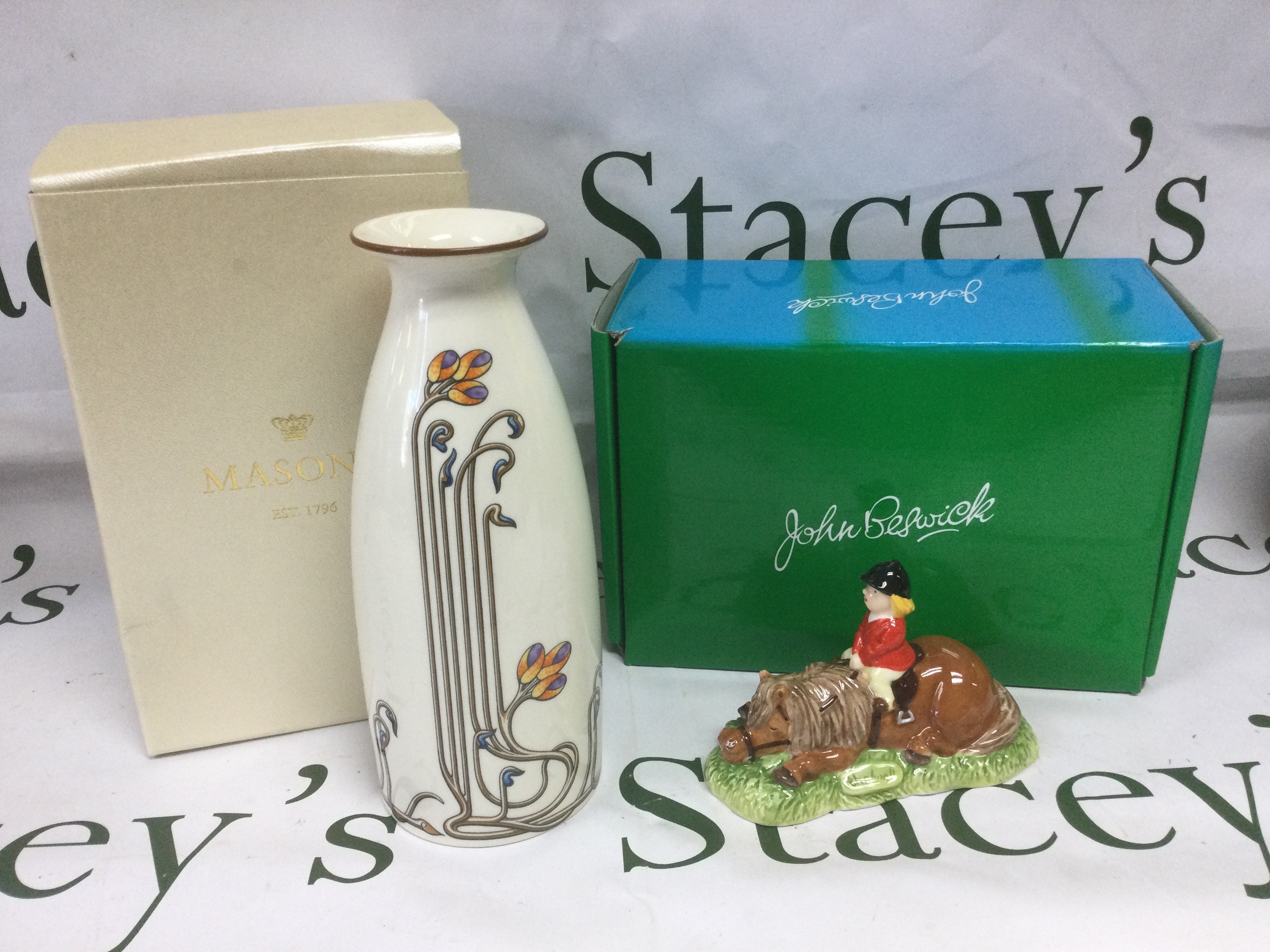 A boxed Mason's vase and a boxed Beswick Thelwell design figure (2). Shipping category D.