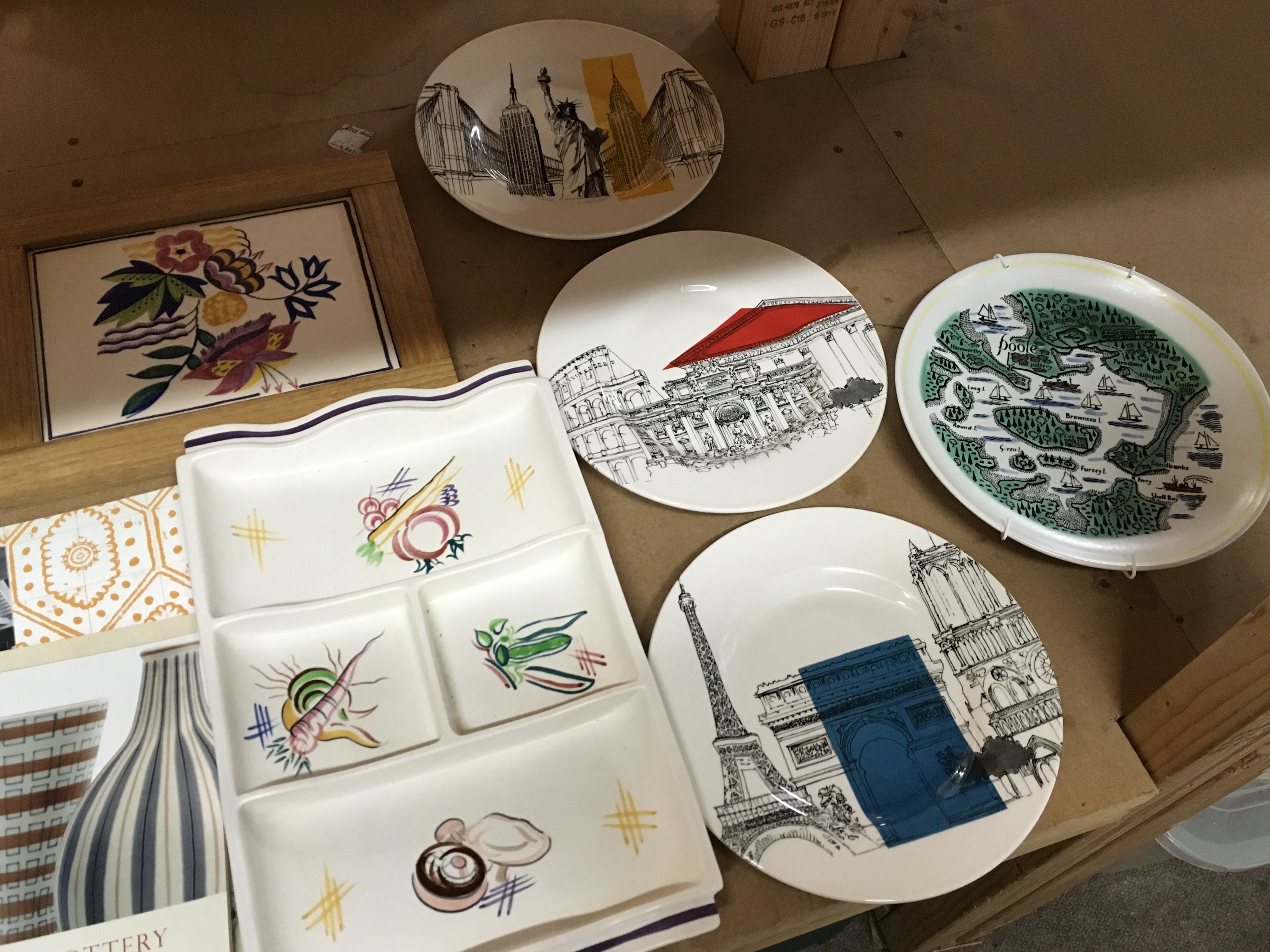A collection of poole pottery including vases, dishes, containers, three cities in sketch plates etc- NO RESERVE
