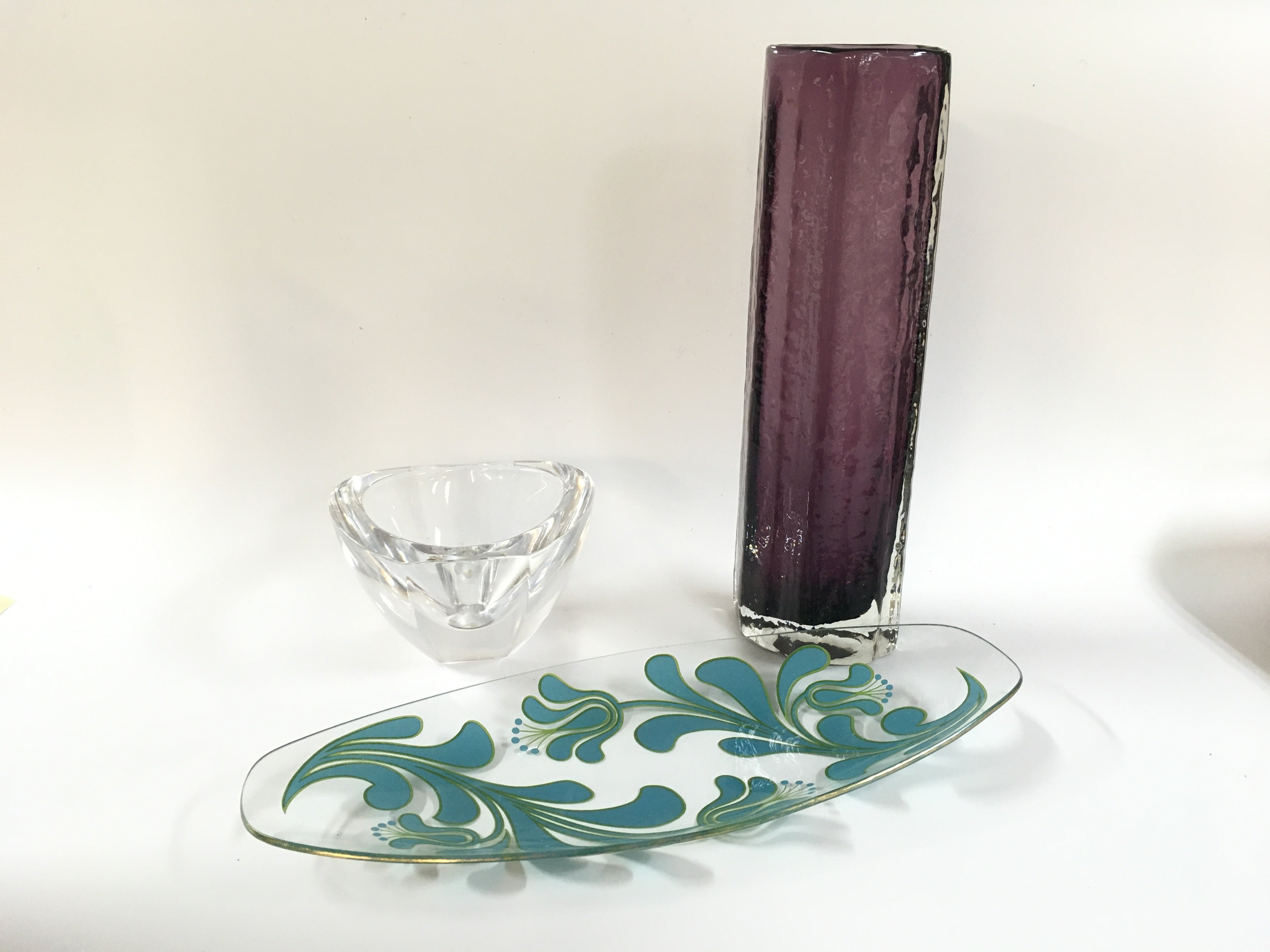 A white friar vase, an oval dish and a 1960s glass dish.