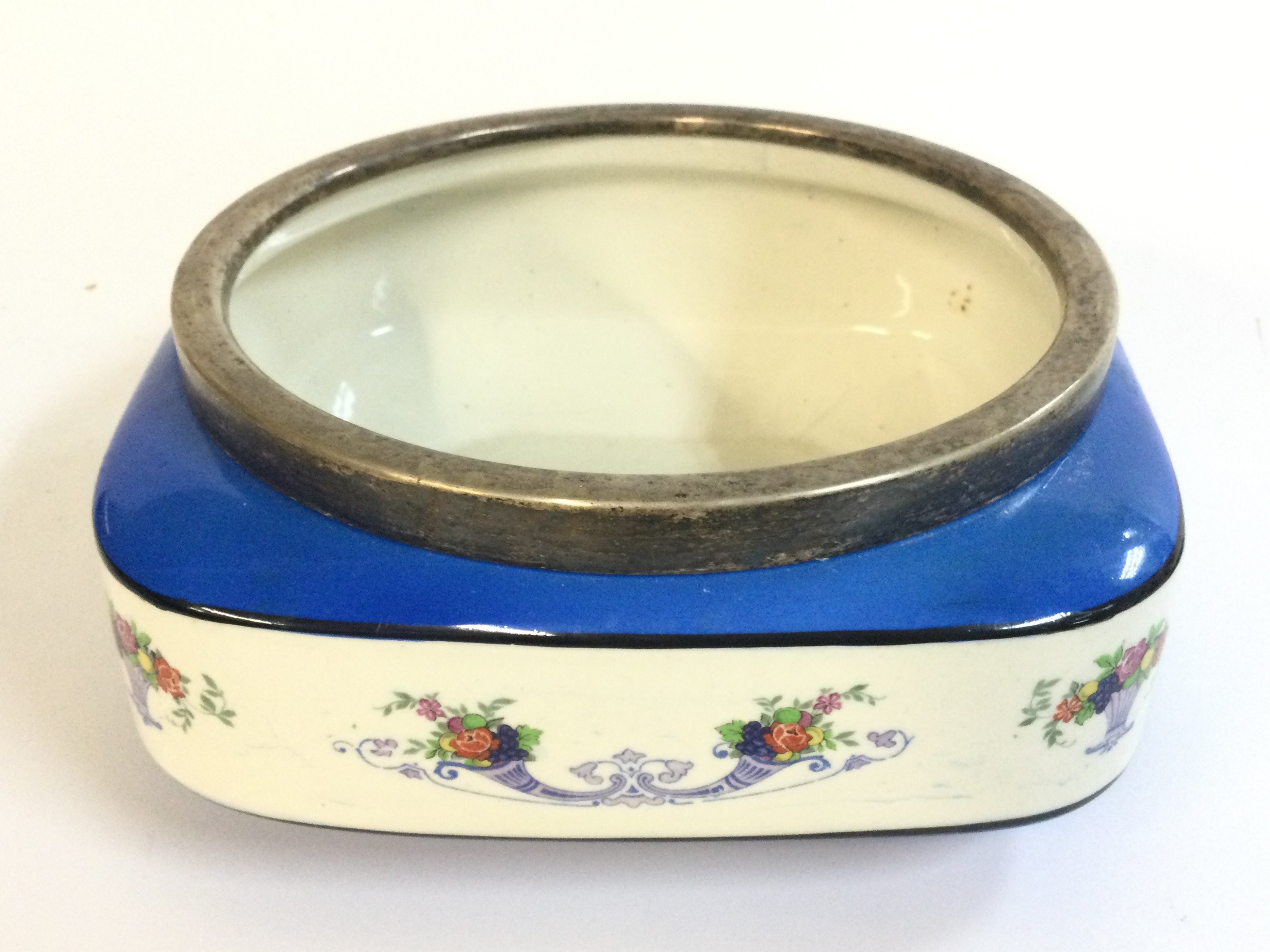 An English JD & S EPNS rim signed porcelain bowl , 19.5cm wide.