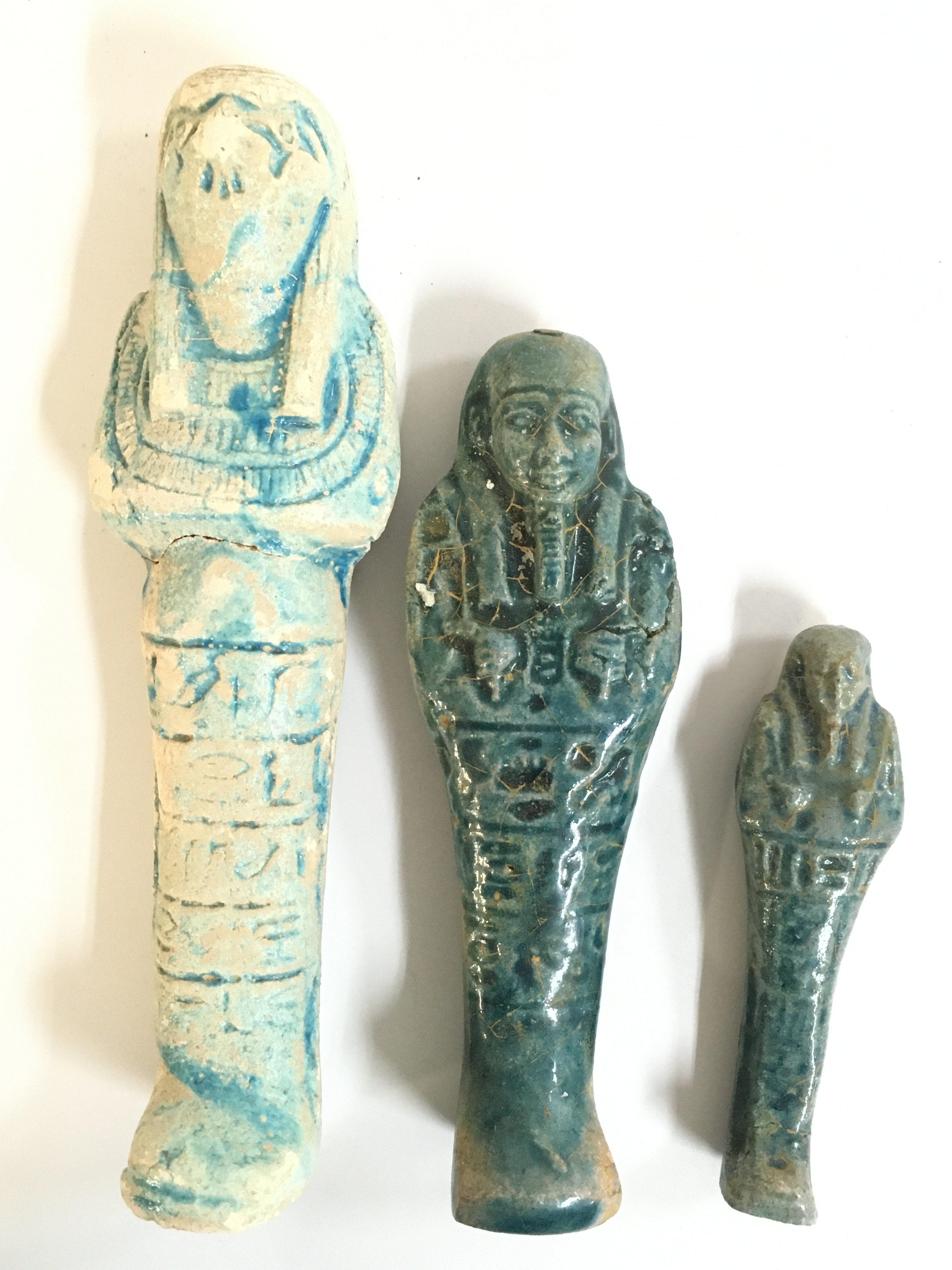 Three Egyptian Faience style glazed Ushabti Shanti figurines 18,15,10cm tall Approx .