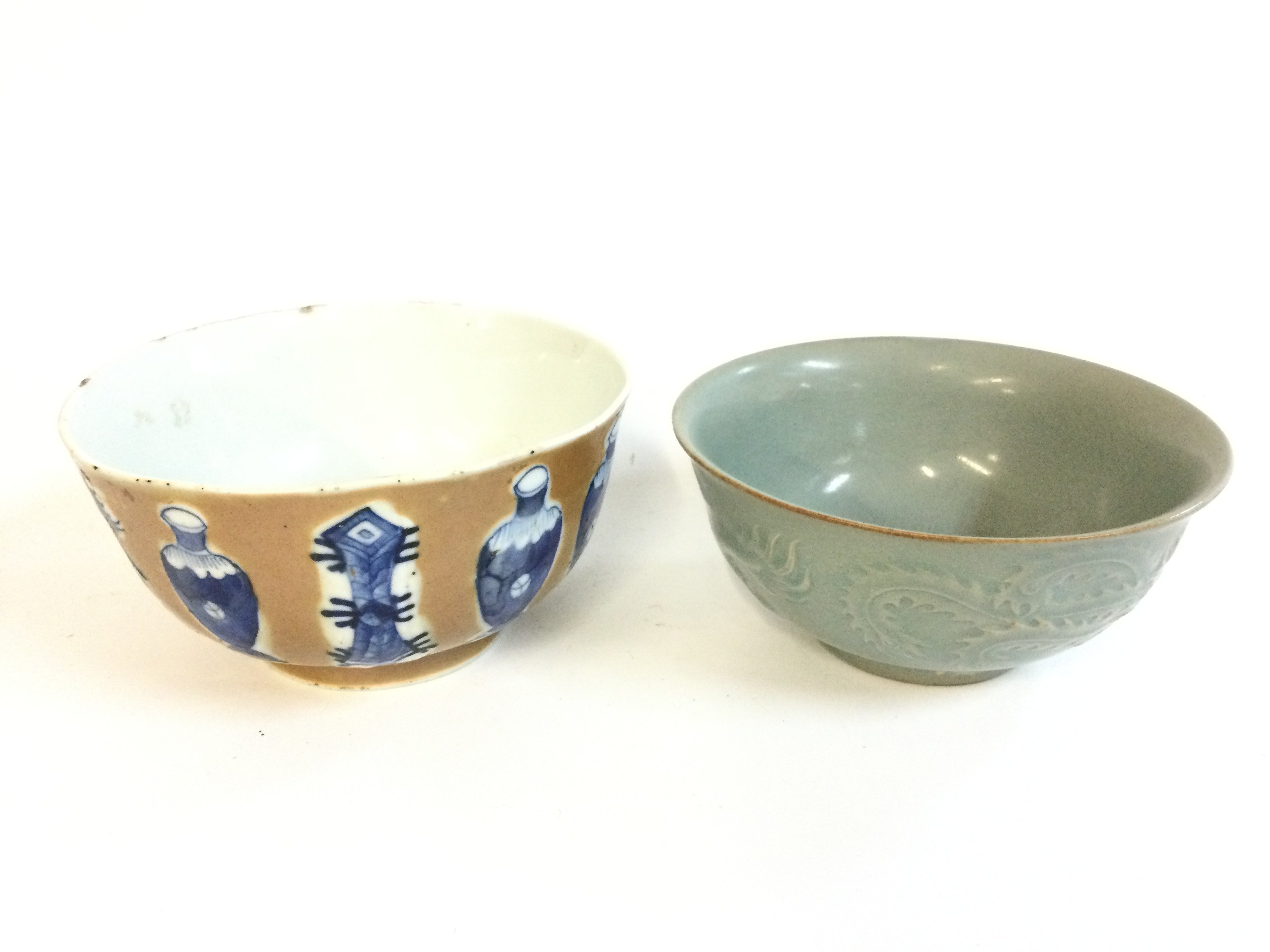 A Chinese Batavia ware bowl and a Chinese Song Ru Kiln Grey of blue porcelain dragon chasing phoenix bowl . 13cm wide approx 7 and 6cm tall.