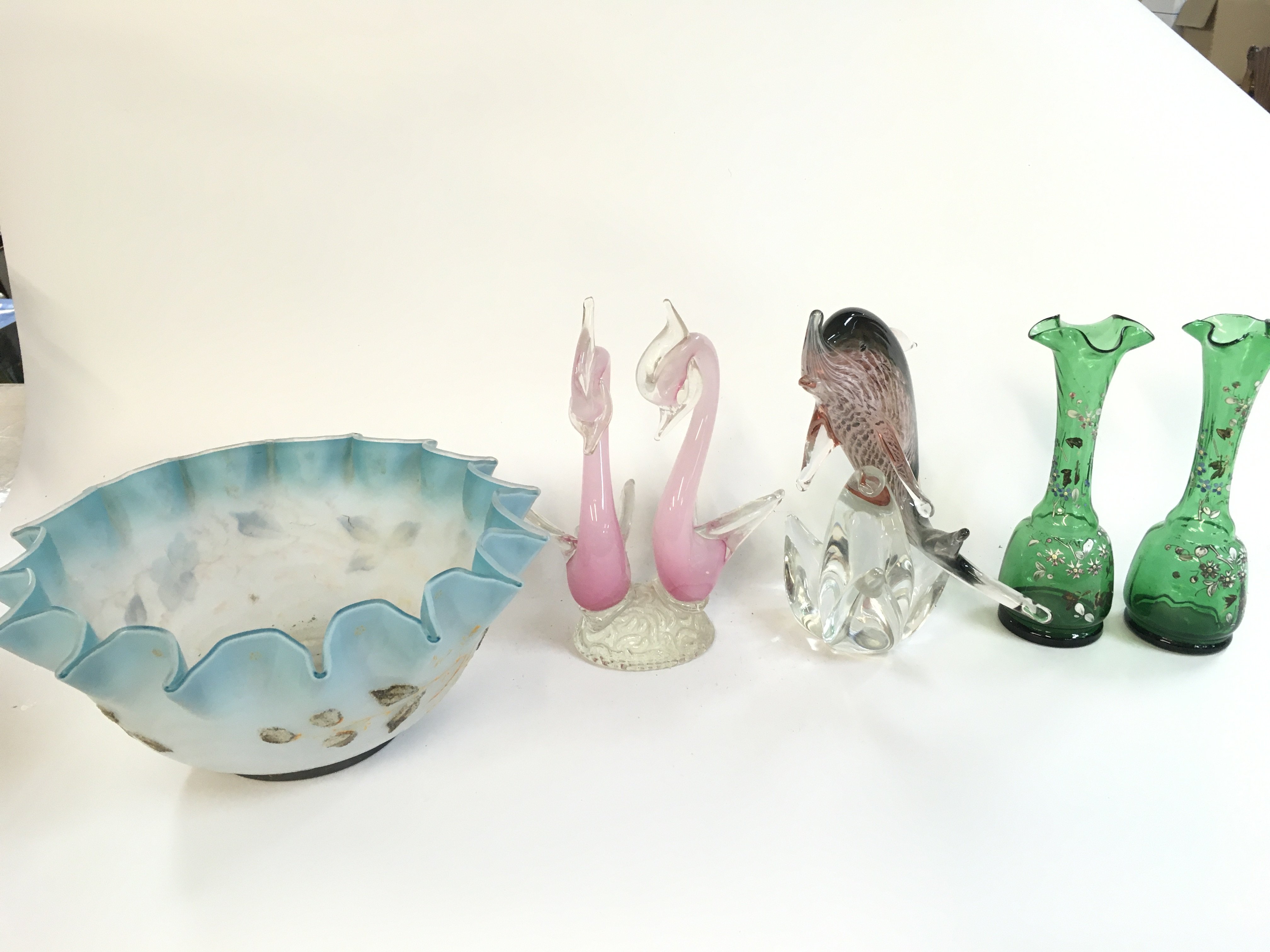 Art glass coloured Ceramics including a dolphin figure, green glass vases etc