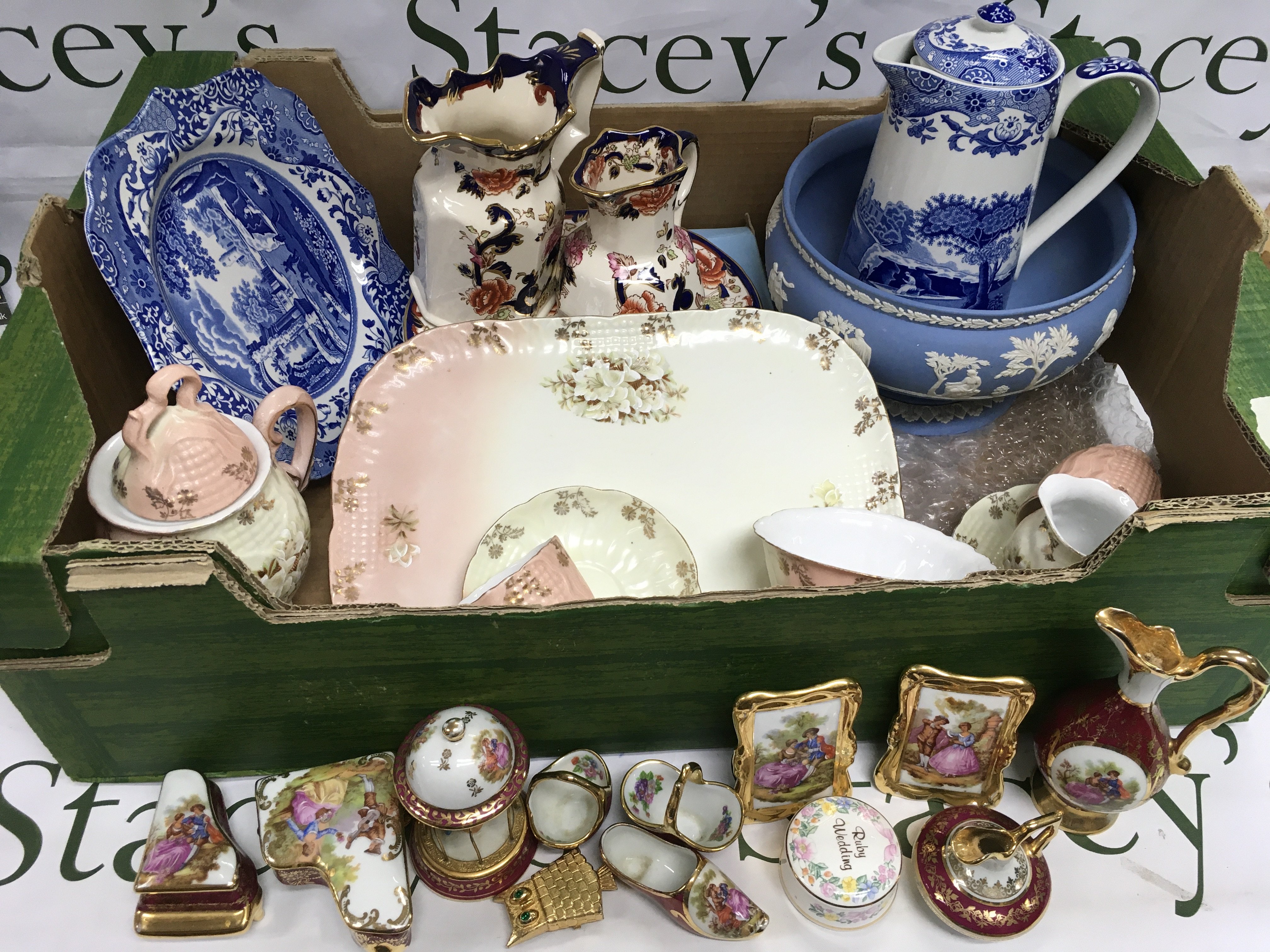 A box of ceramics comprising Masons jugs, a Victorian tea set, blue and white tableware etc. Shipping category D.