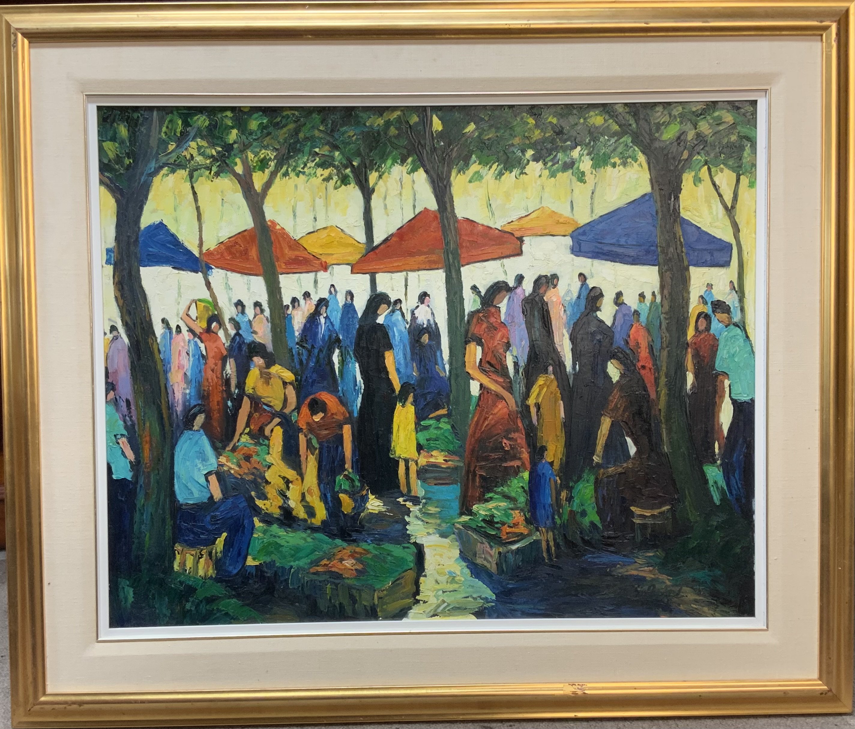 A framed and signed oil on canvas of a French market scene after a painting by Emmanuel BELLINI, 98cm x 83cm (signed Bruno Joubert).