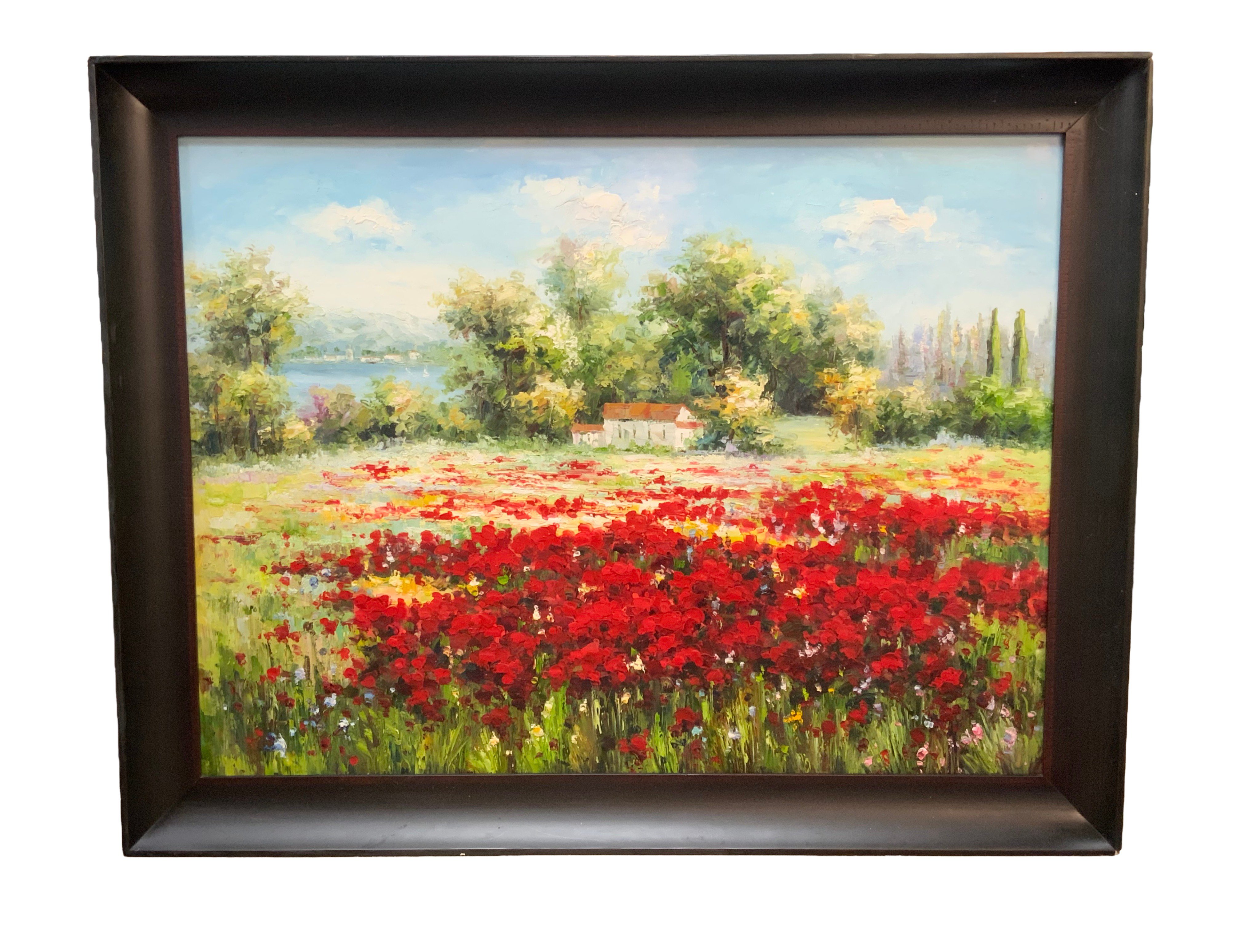 A modern framed, hand-painted oil on canvas painting depicting a vibrant poppy field landscape, possibly Tuscany. 140cm x 110cm.