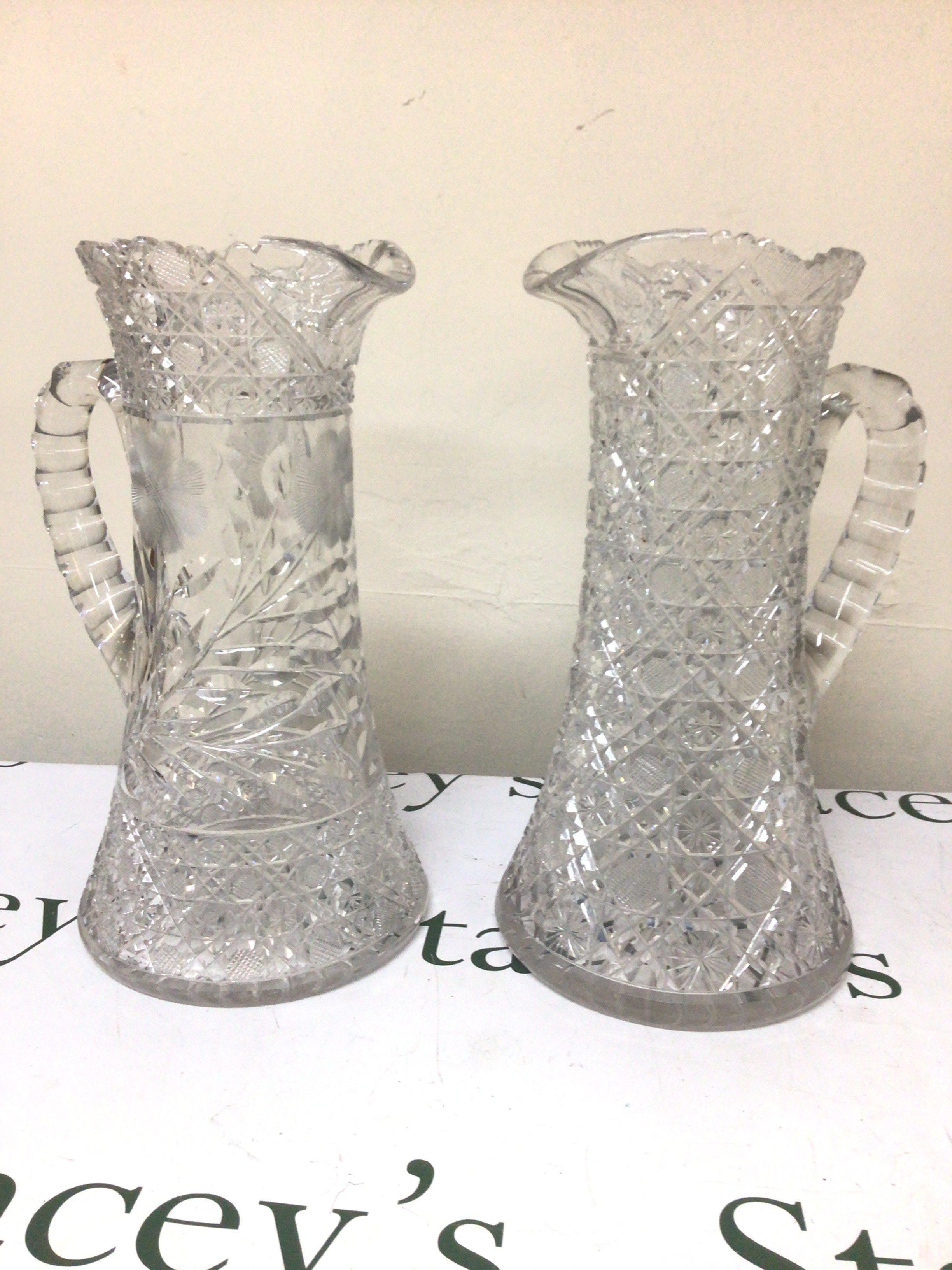 Two large cut glass and wheel etched jugs Hight 36cm (2)