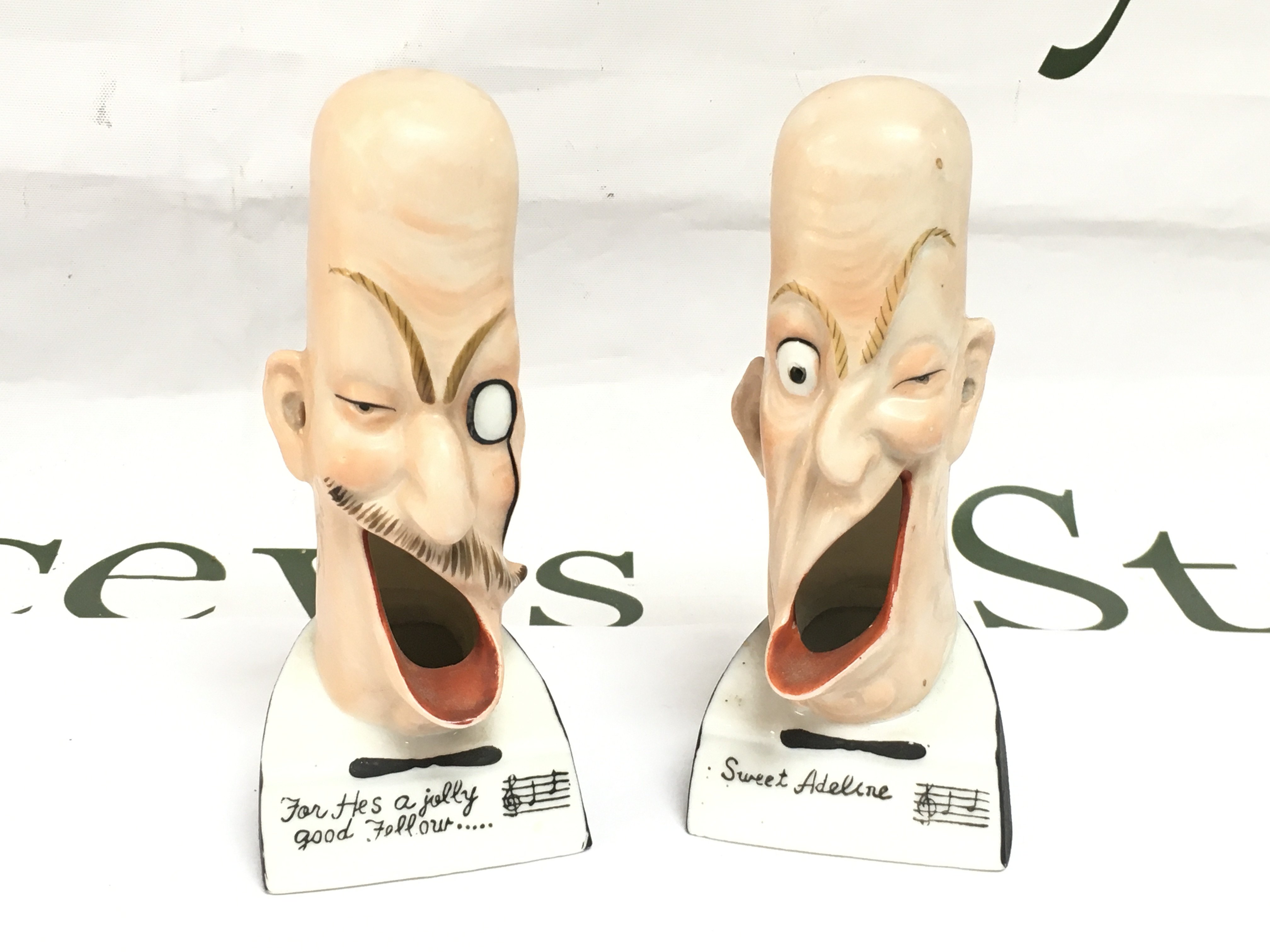 Two early 20th Century Schafer & Vater smoking head novelty ashtrays, approx height 13cm. Shipping category D.