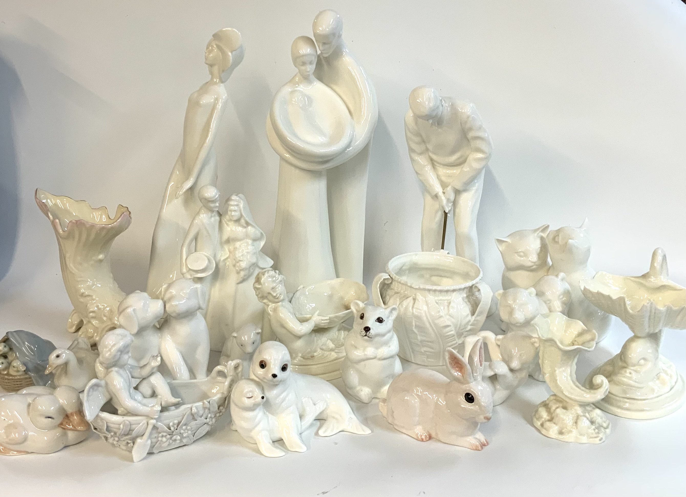 A mixed collection of white porcelain ceramic items to include Coalport, Royal Doulton, Royal Osbourne, Belleek, Worcester.