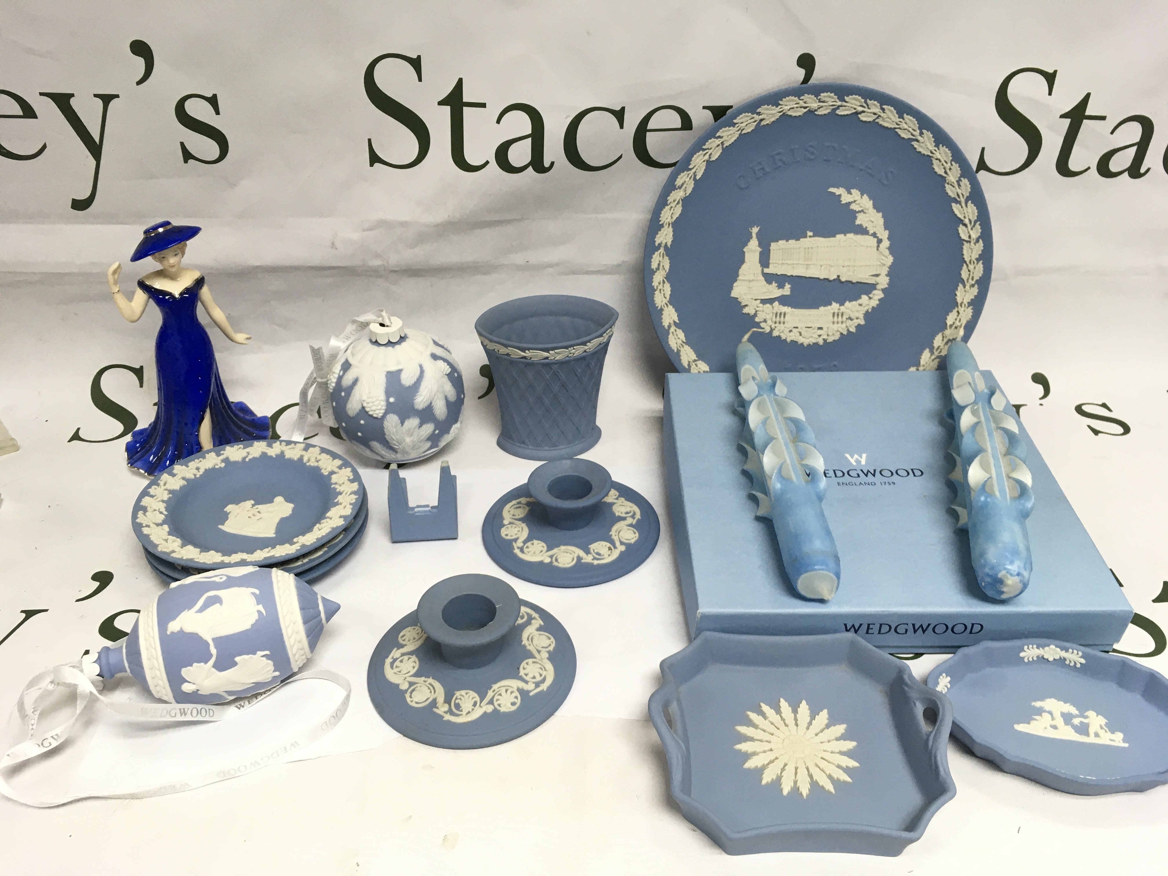 A collection of ceramics comparing boxed Nao figures, Wedgwood Jasper ware etc. Shipping category D.