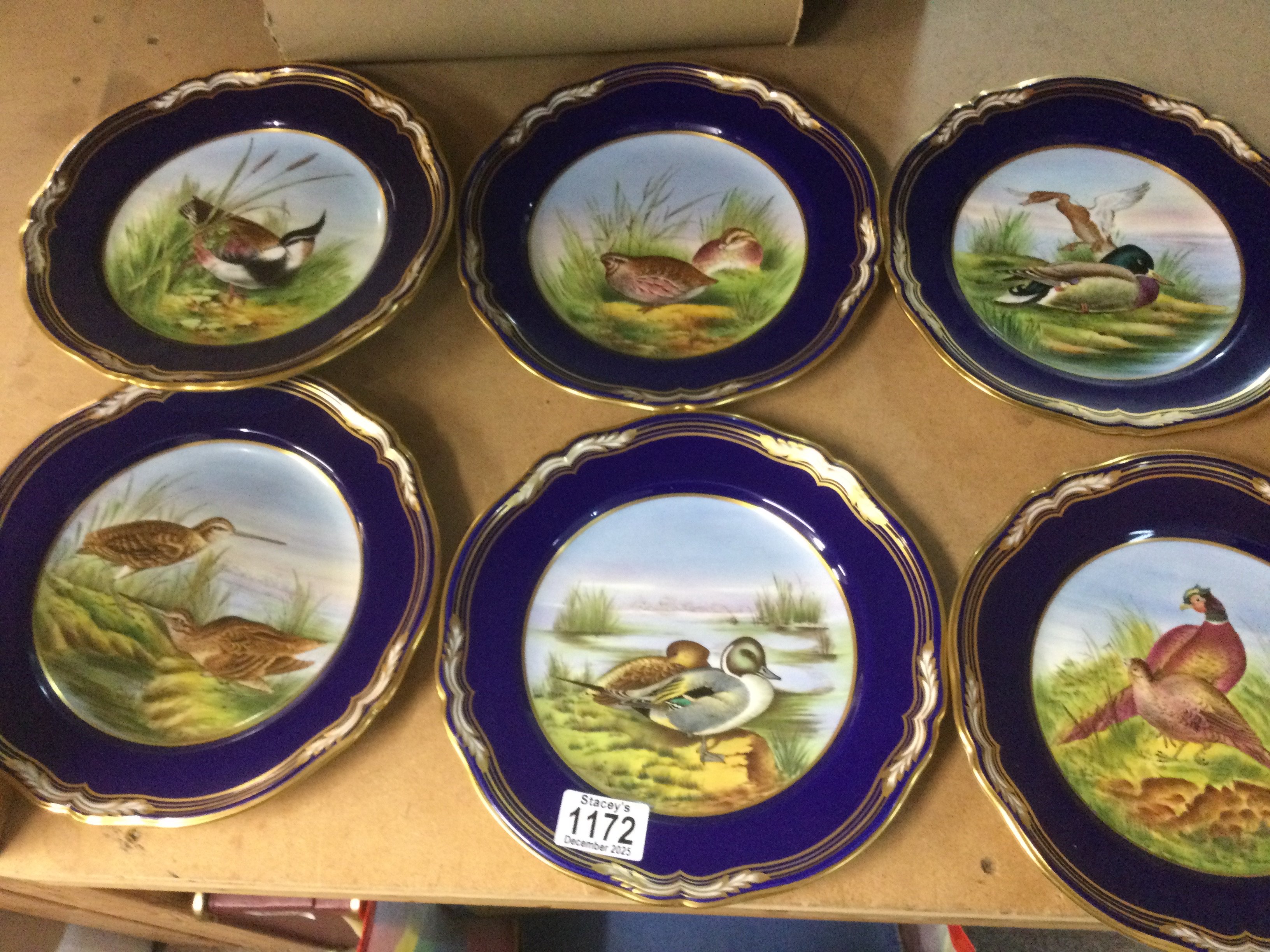 A collection of six Spode hand painted plates decorated with various birds .